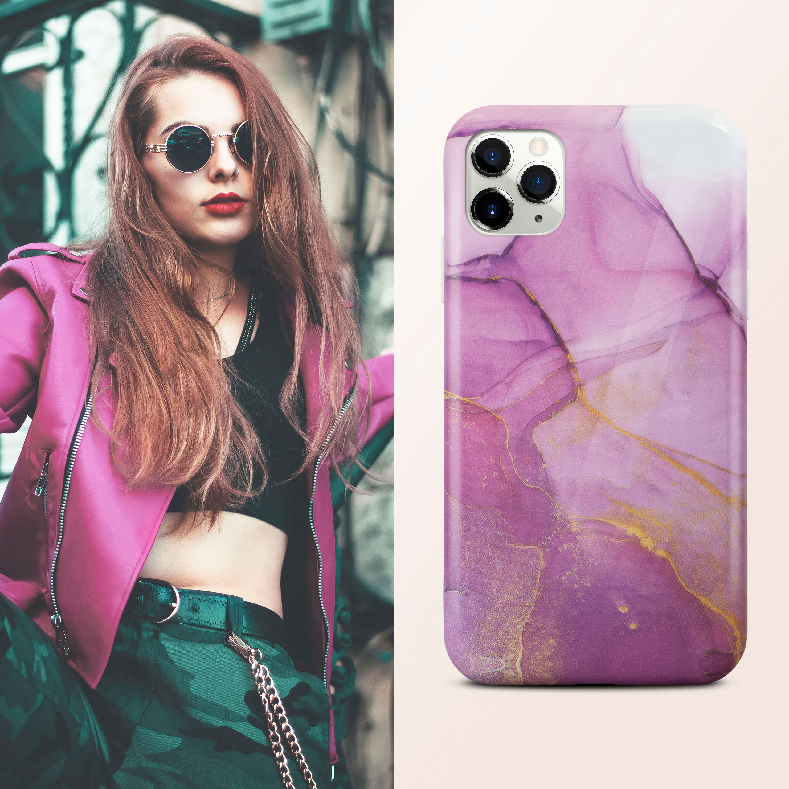 Eine Frau mit rosa Jacke und Sonnenbrille neben einem Telefon mit Marmordesign.