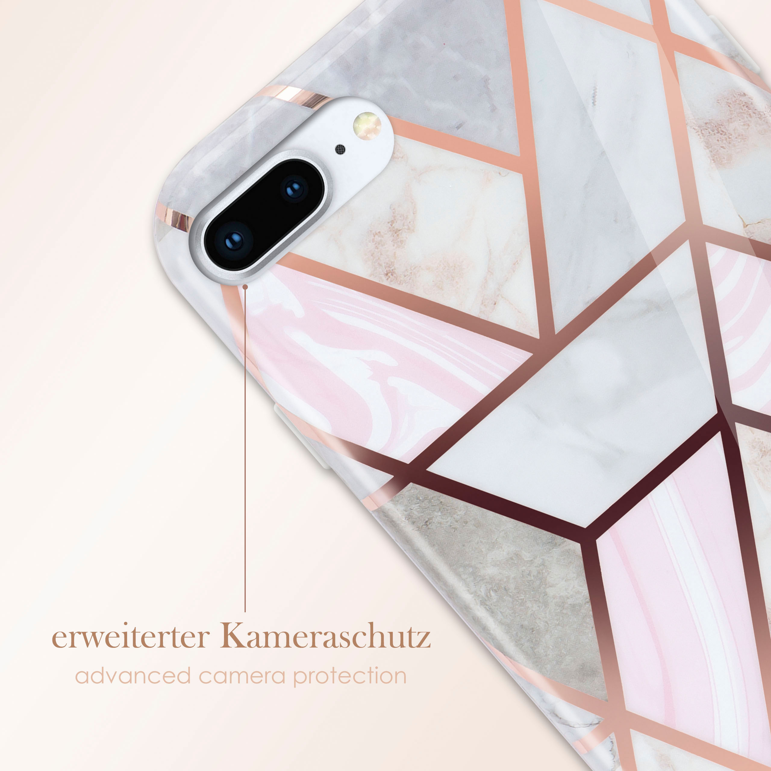 Handyhülle mit geometrischem Design. Marmormuster mit Roségold-Akzenten. Kameraschutz.
