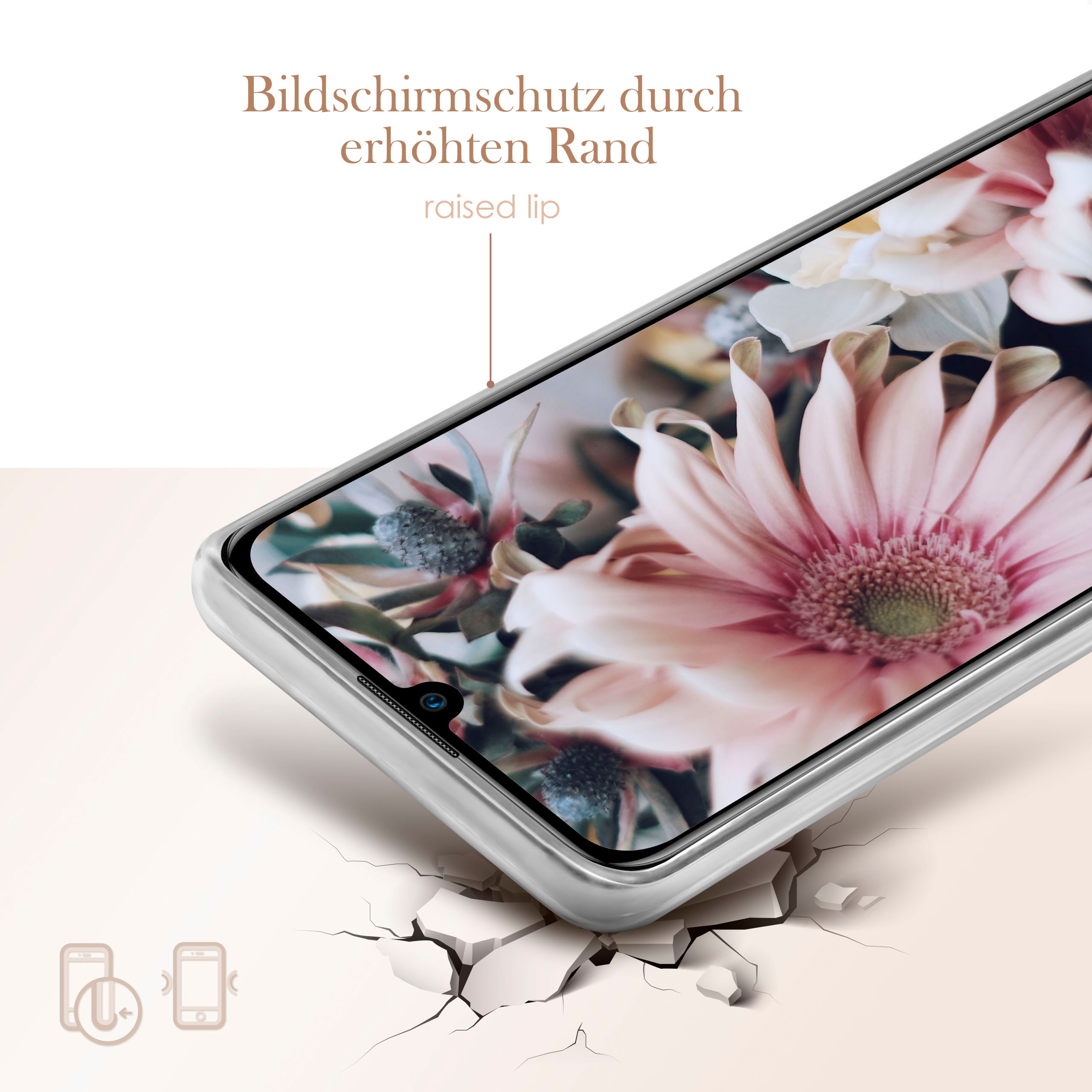 Eine Handyhülle mit floralem Hintergrundbild und dem Text 'raised lip' für den Bildschirmschutz.