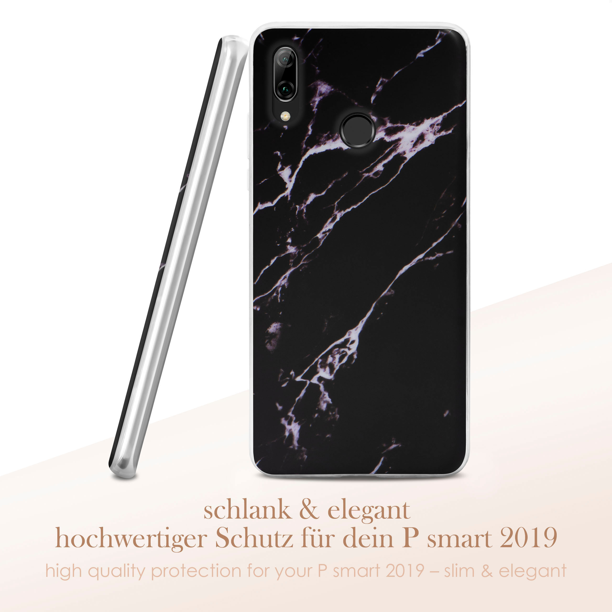 Handyhülle mit Marmormuster. Schwarz und Weiß. Text: schlank & elegant. Weißer Hintergrund.