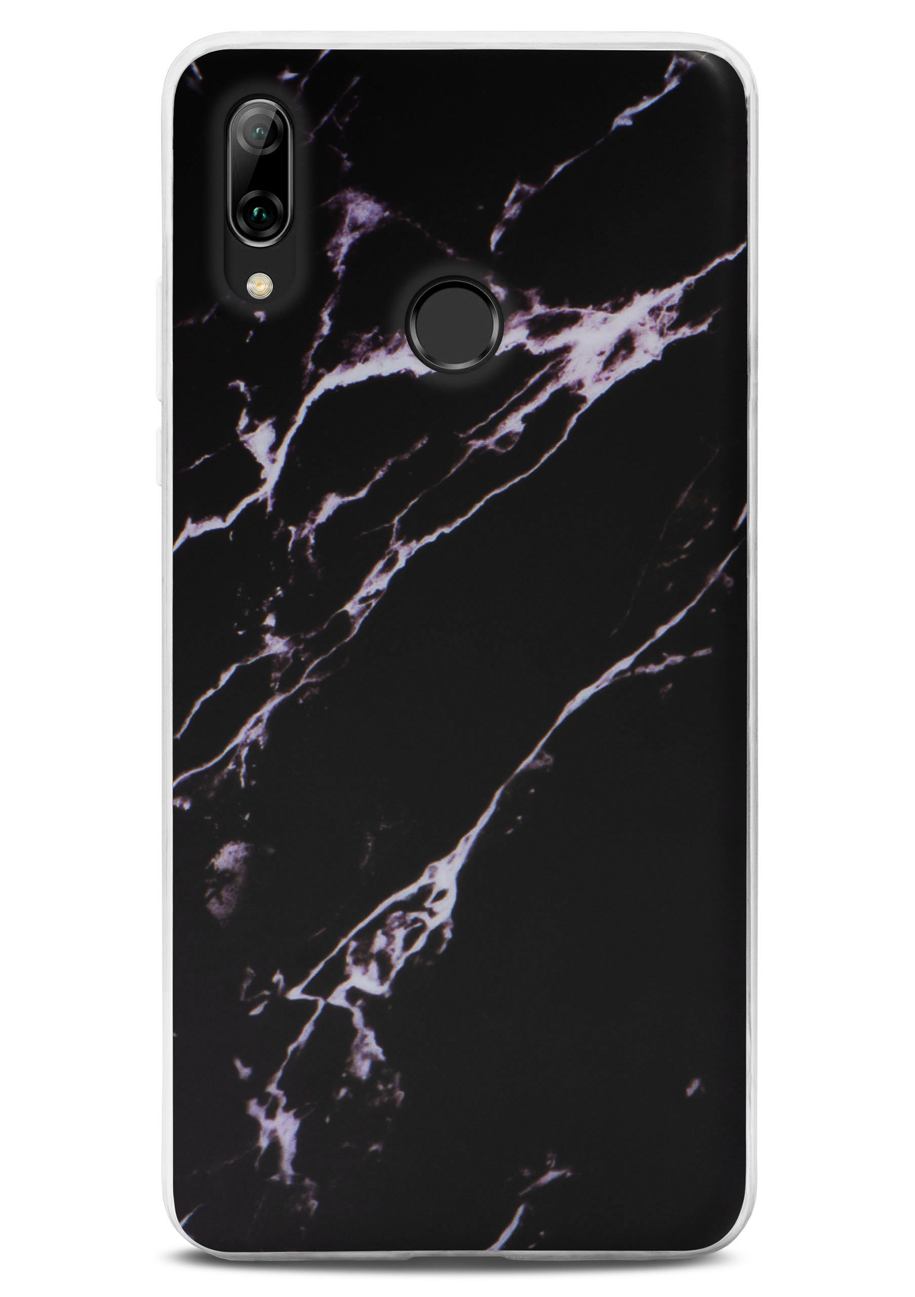 Schwarze Marmor-Handyhülle mit weißen Adern. Das Telefon befindet sich in der Hülle.