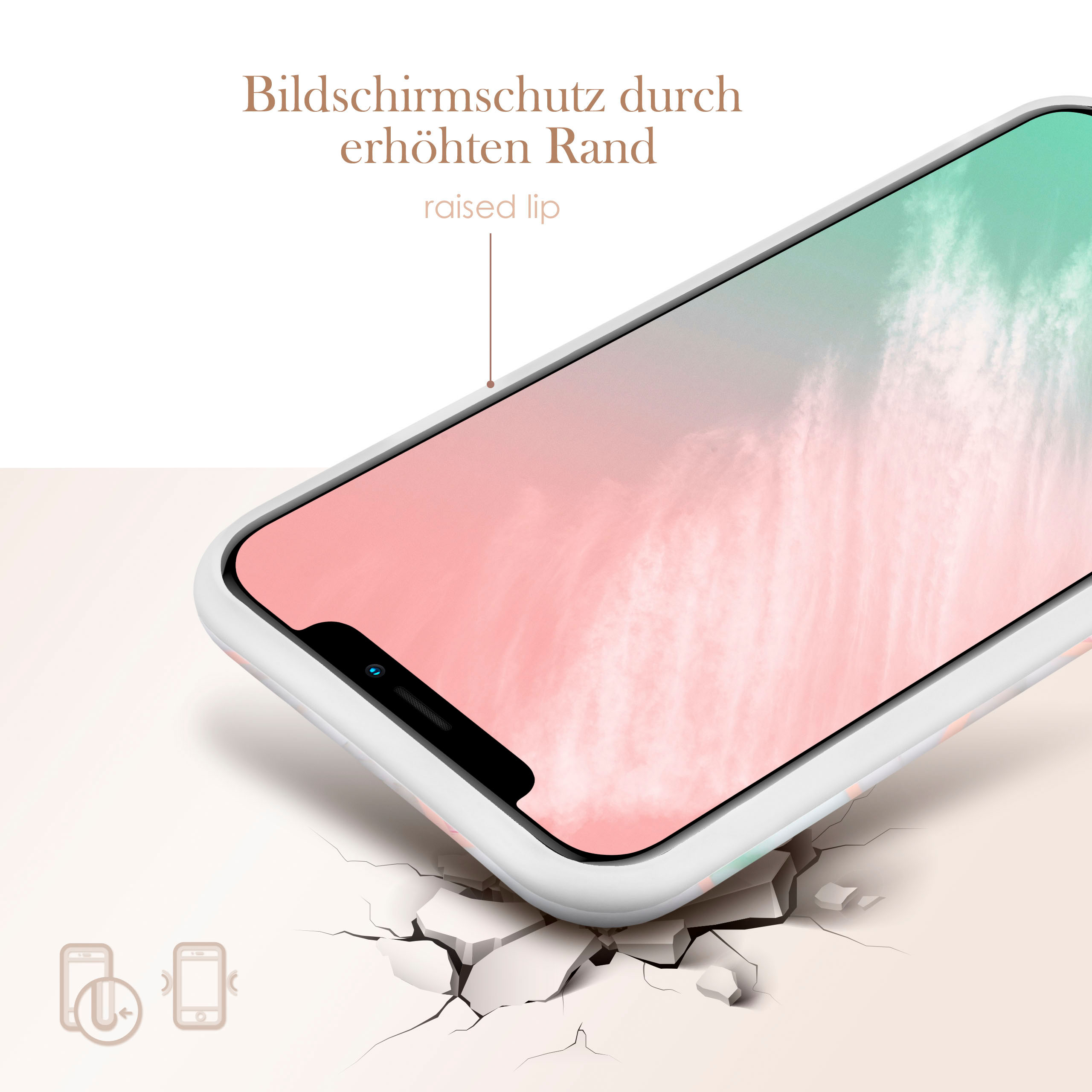 Handyhülle. Weiße Hülle mit Marmor- und geometrischem Design. Erhöhter Rand für Displayschutz.