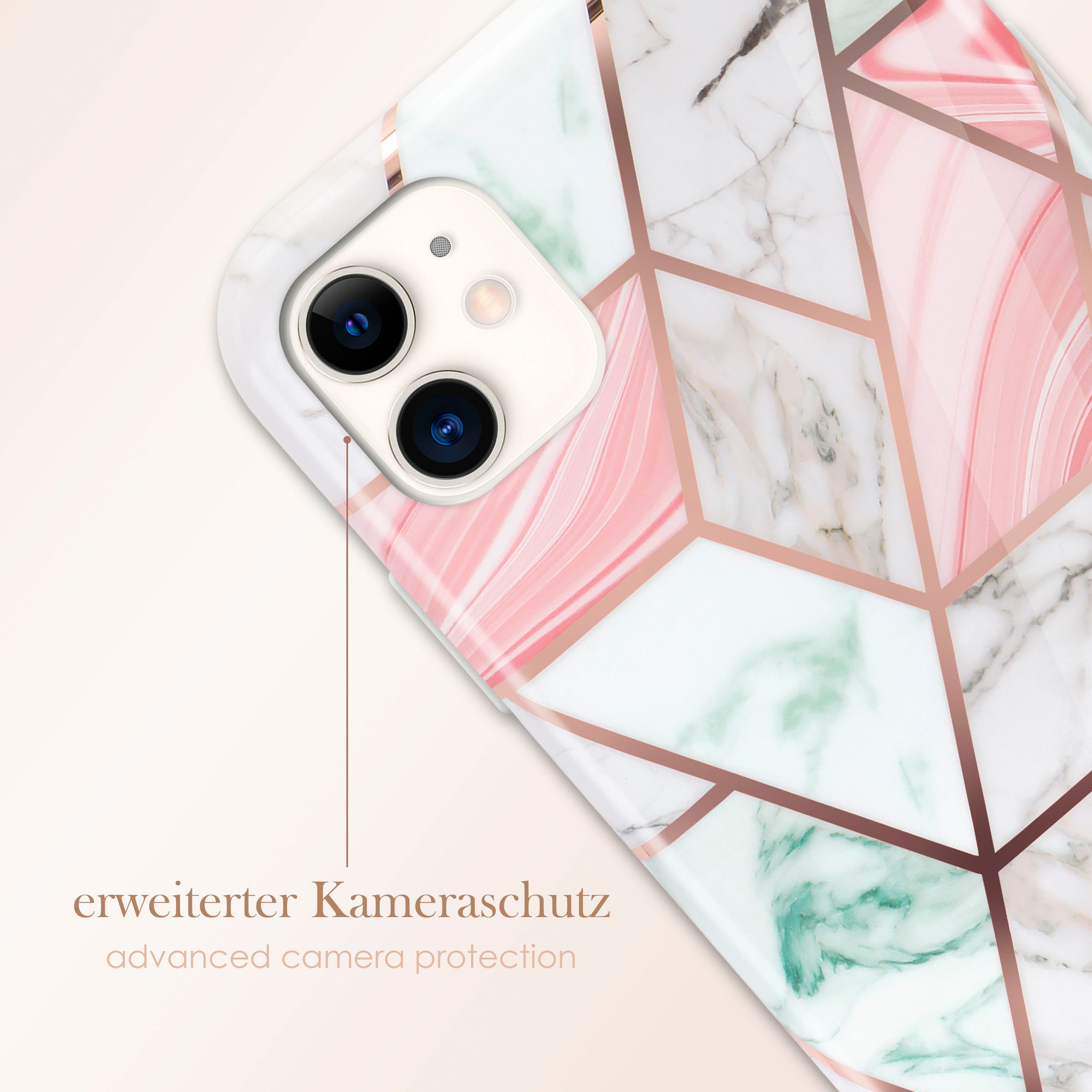 Nahaufnahme einer Handyhülle mit Marmordesign, zeigt Kameraschutz und einen rosa Farbton.