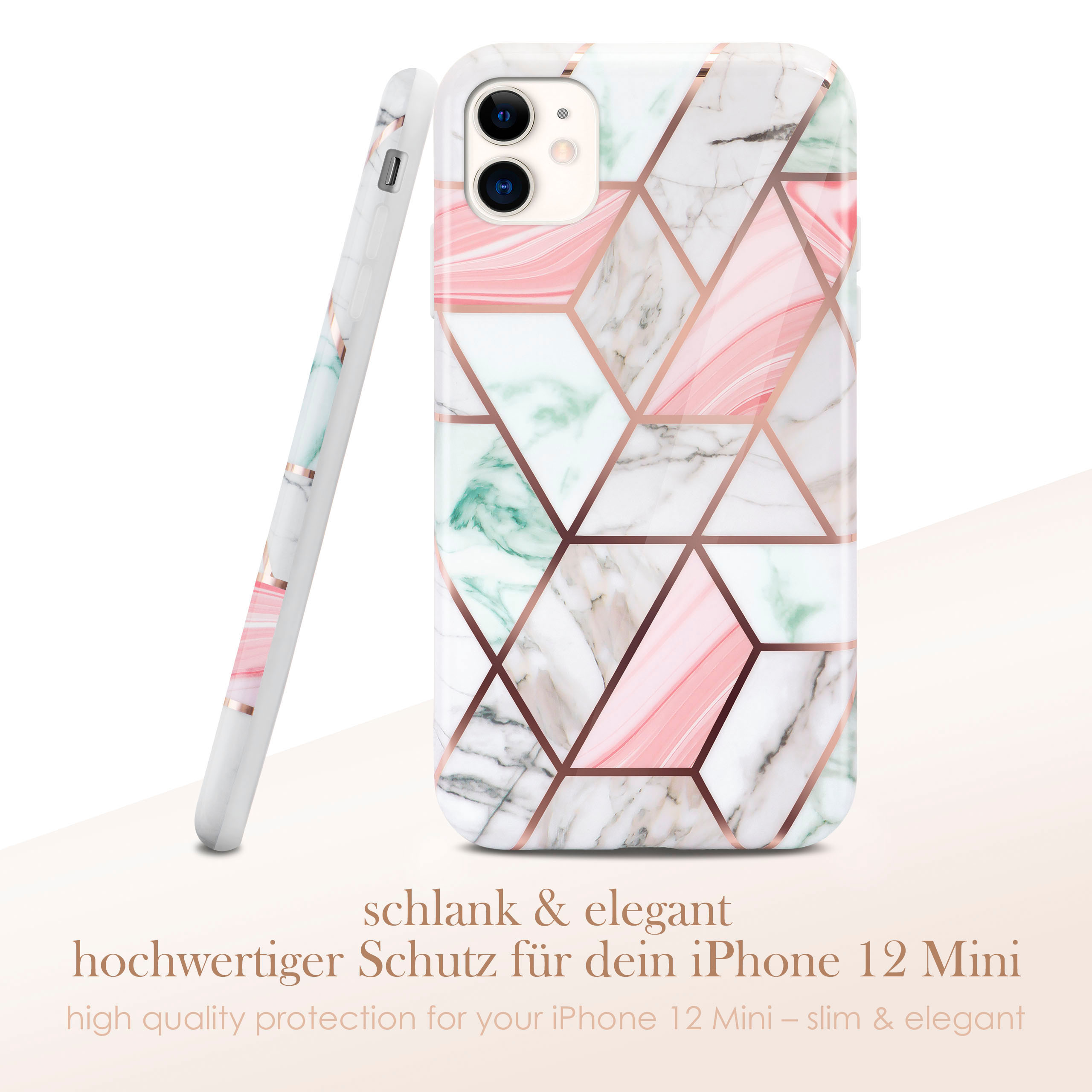 Handyhülle mit Marmor- und rosa geometrischen Mustern. Hochwertiger Schutz für iPhone 12 Mini.