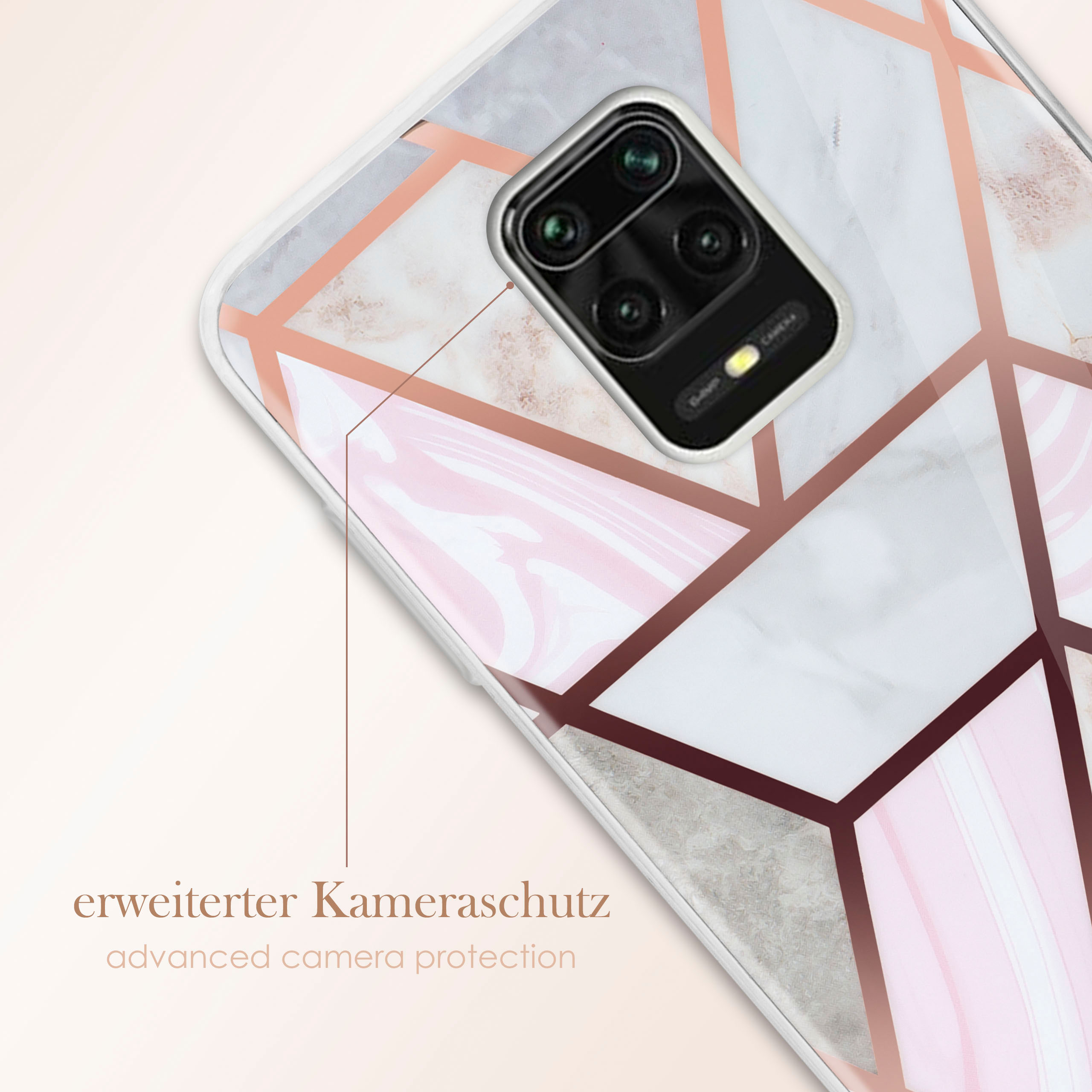 Eine Handyhülle mit Marmordesign. Der Kamerabereich ist schwarz und hat einen roségoldenen Umriss.