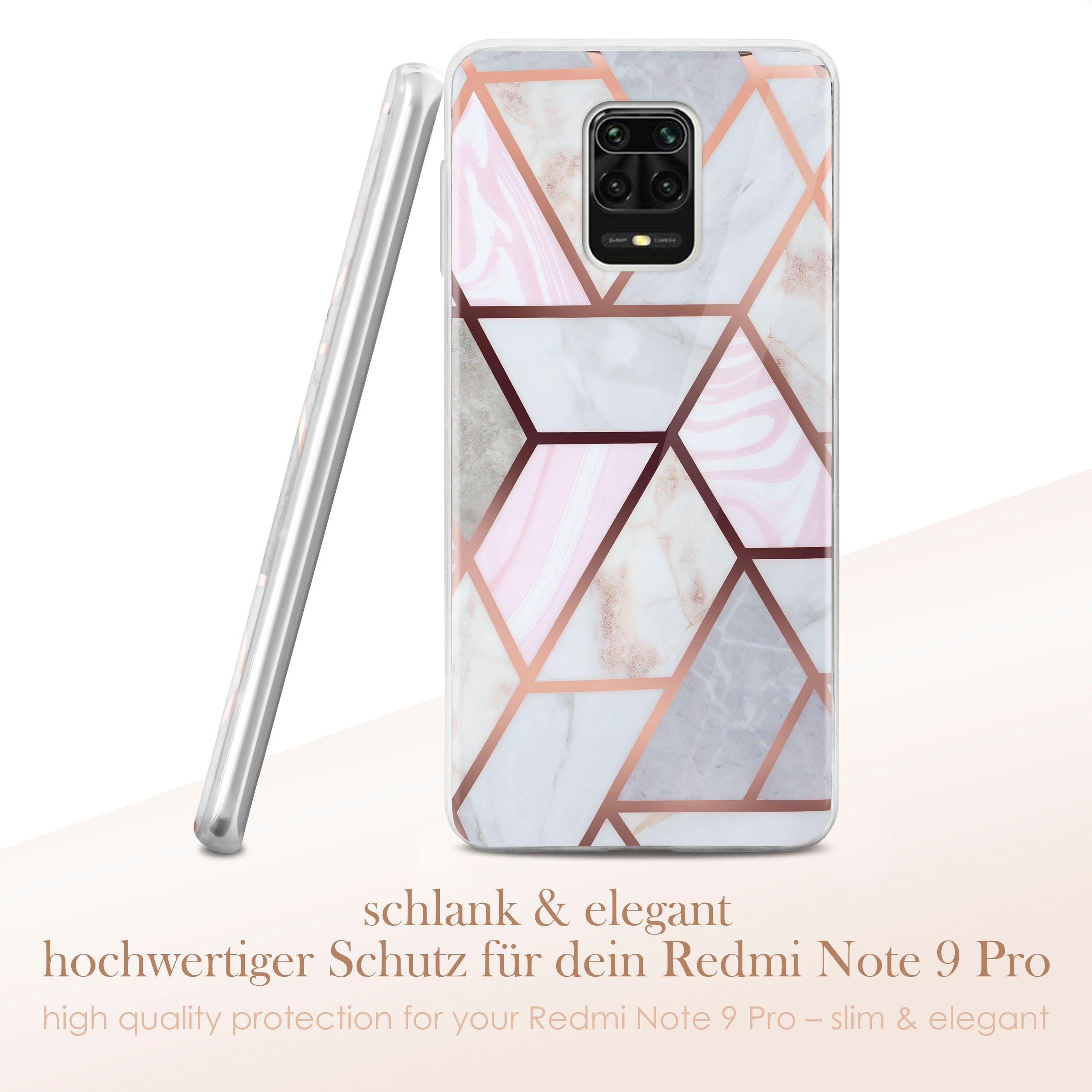 Handyhülle mit Marmordesign, Text: 'schalnk & elegant', 'hochwertiger Schutz'. Weißer Hintergrund.