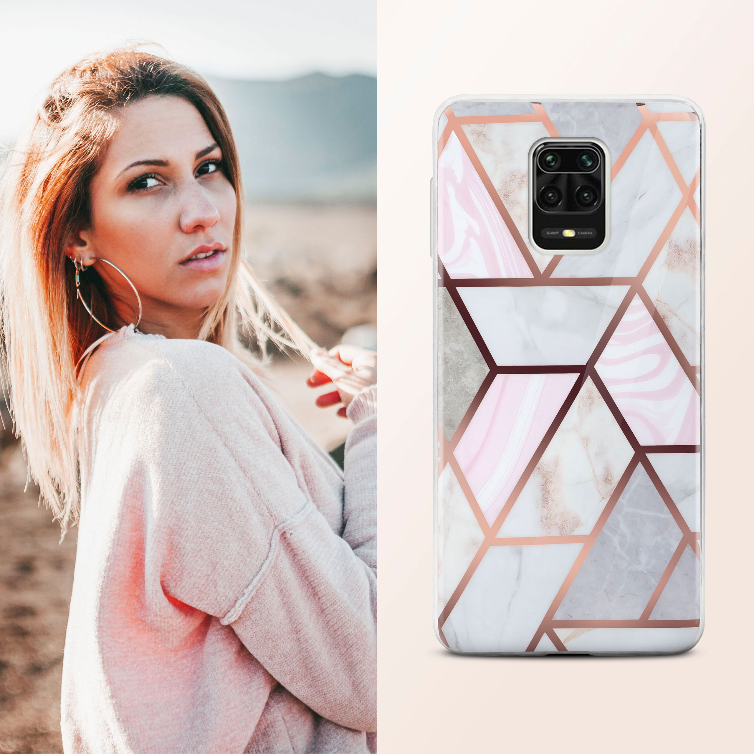 Frau mit Handy. Marmor-Handyhülle mit geometrischem Design. Herbstszene.