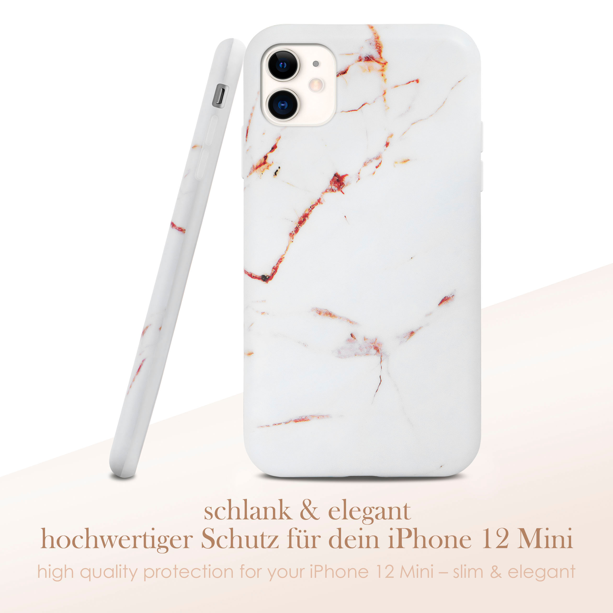 Weiße Handyhülle mit rotem Marmordesign, stehend.