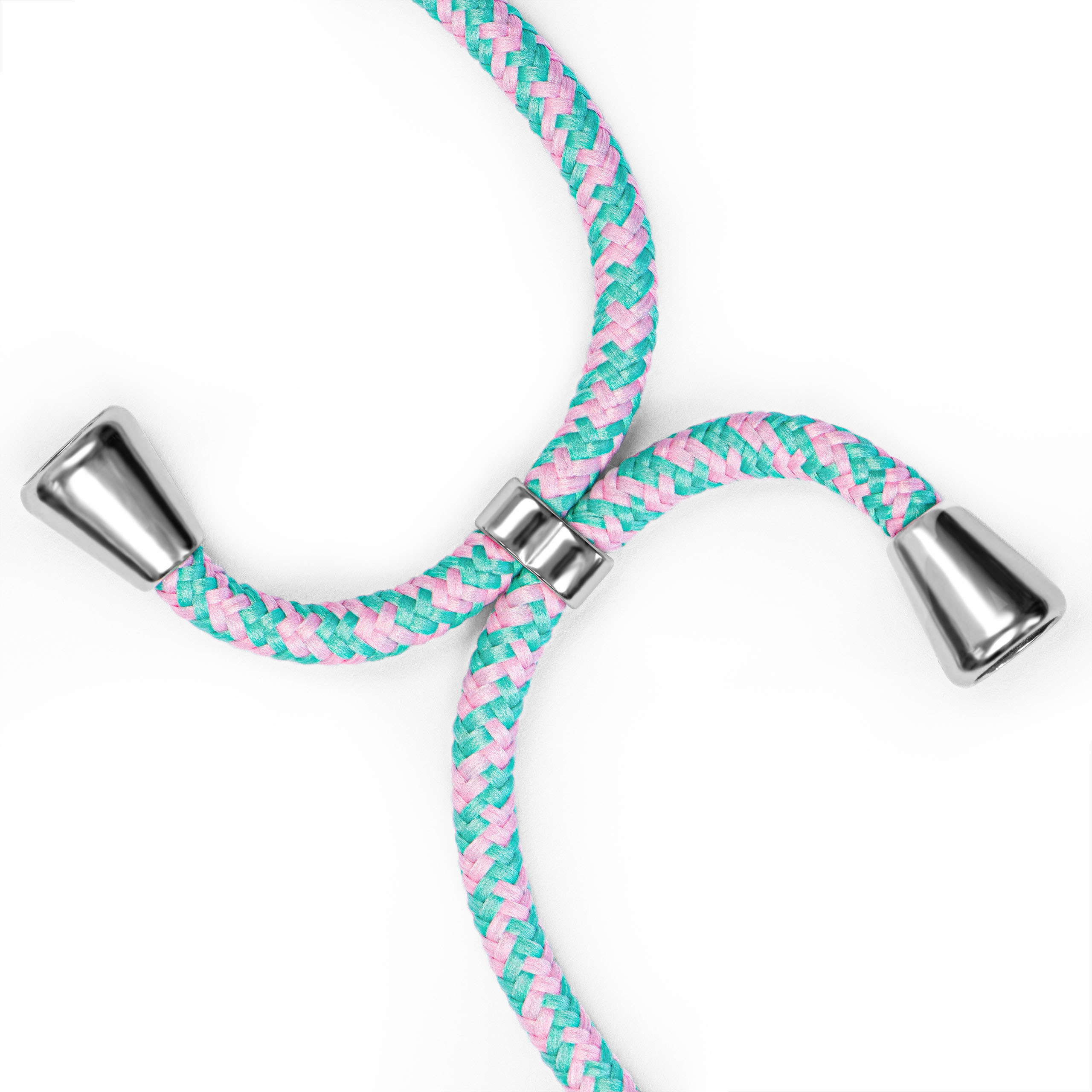Nahaufnahme einer rosa und teal geflochtenen Schnur mit silbernen Metallverbindern.