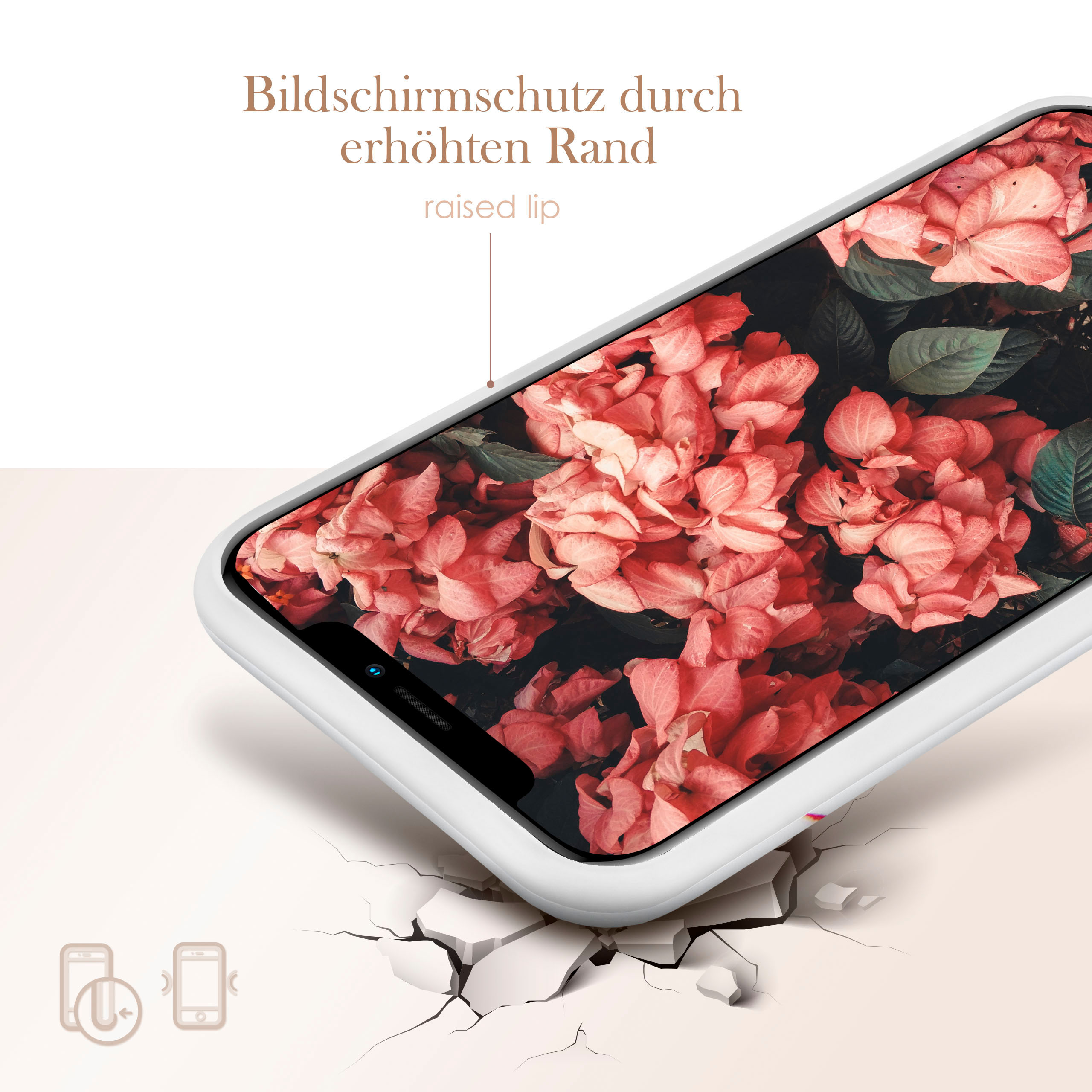 Weißes Handycase mit pinkfarbenem Blumenmuster. Das Case liegt auf einer Oberfläche mit zerbrochenen Teilen.
