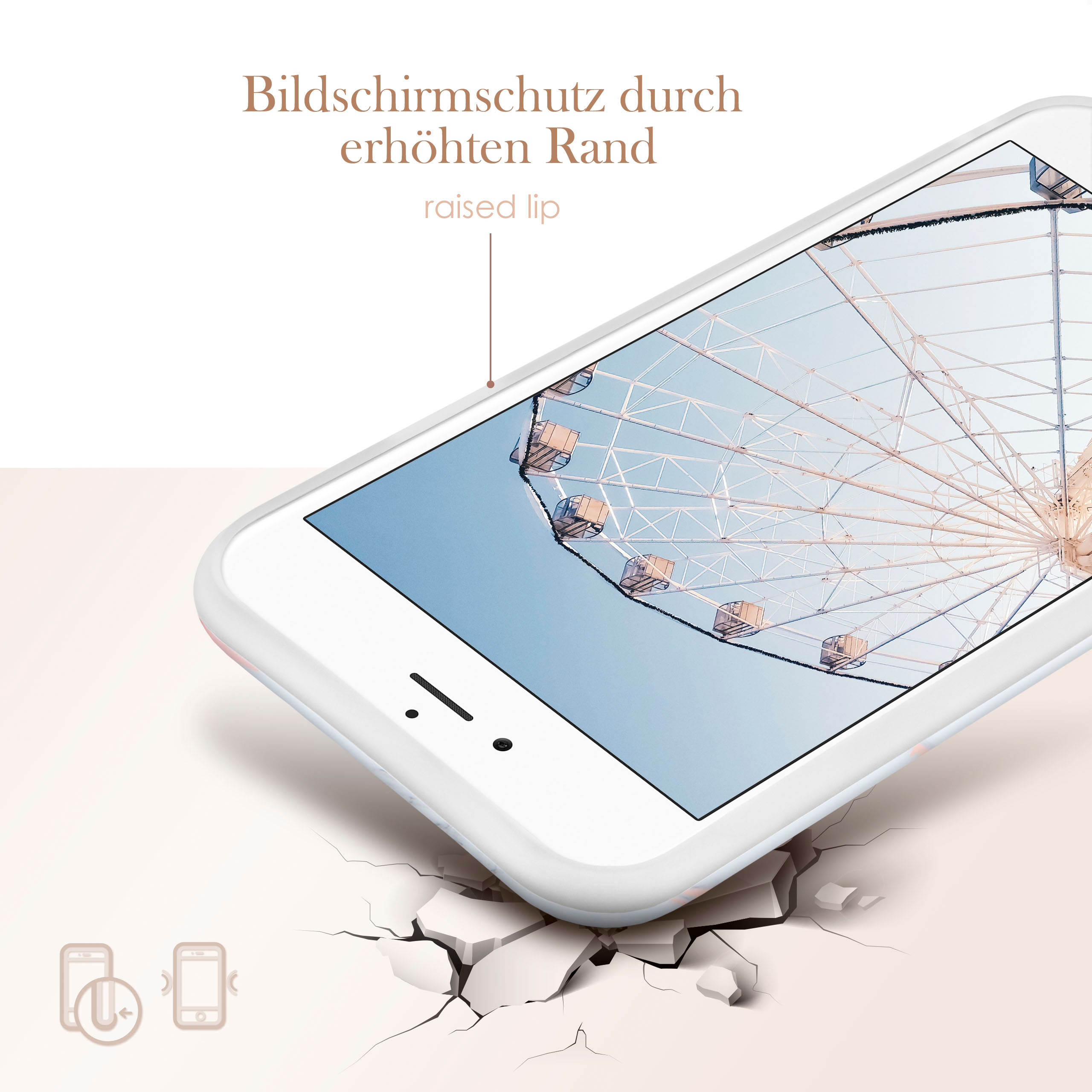 Weißes Telefoncase mit einem Riesenrad-Bild. Text sagt 'erhöhter Rand' und 'Bildschirmschutz'.