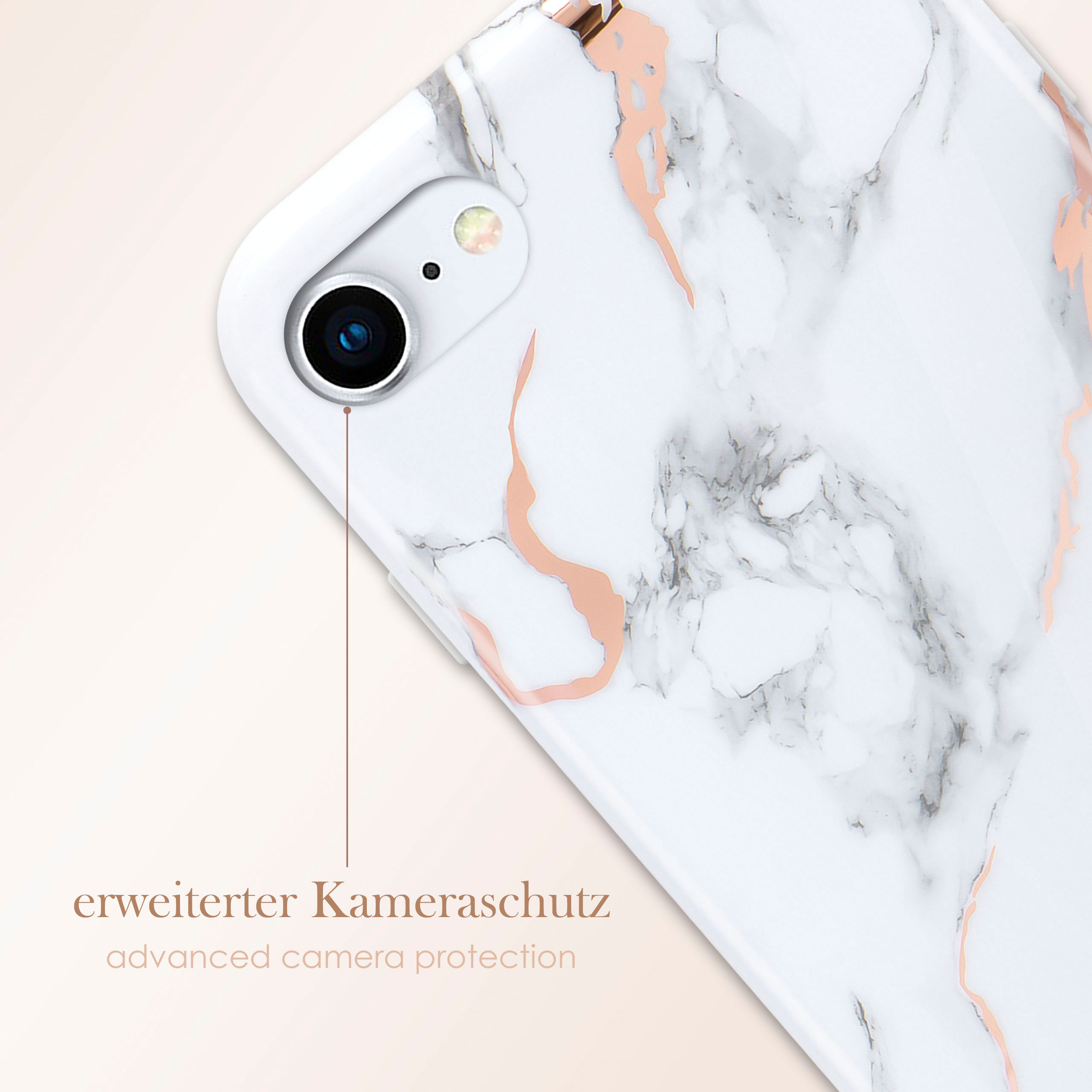 Eine weiße Handyhülle mit roségoldenem Marmordesign. Text: 'erweiterter Kameraschutz'.