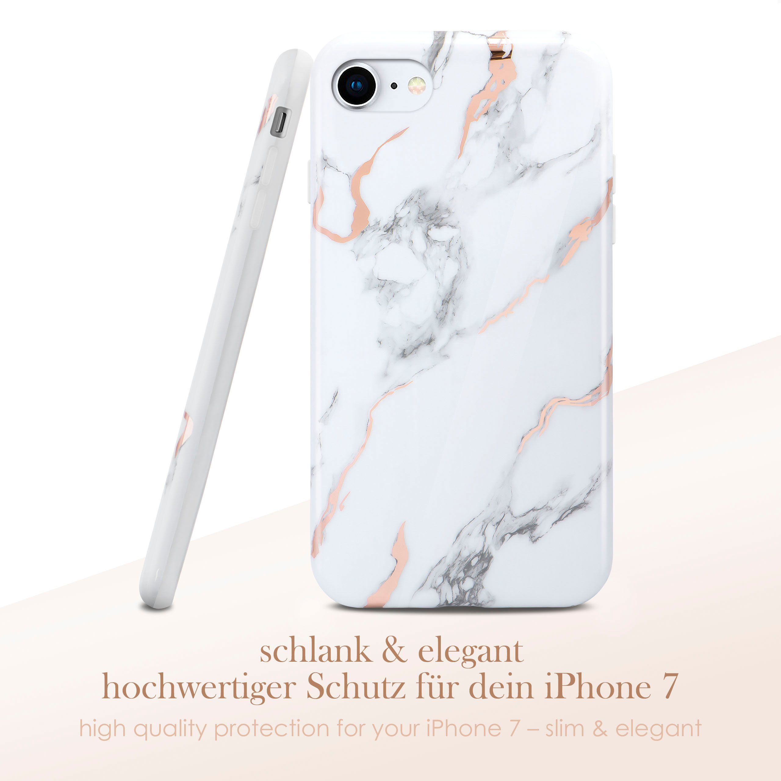 Weiße Handyhülle mit Marmordesign und roségoldenen Akzenten.