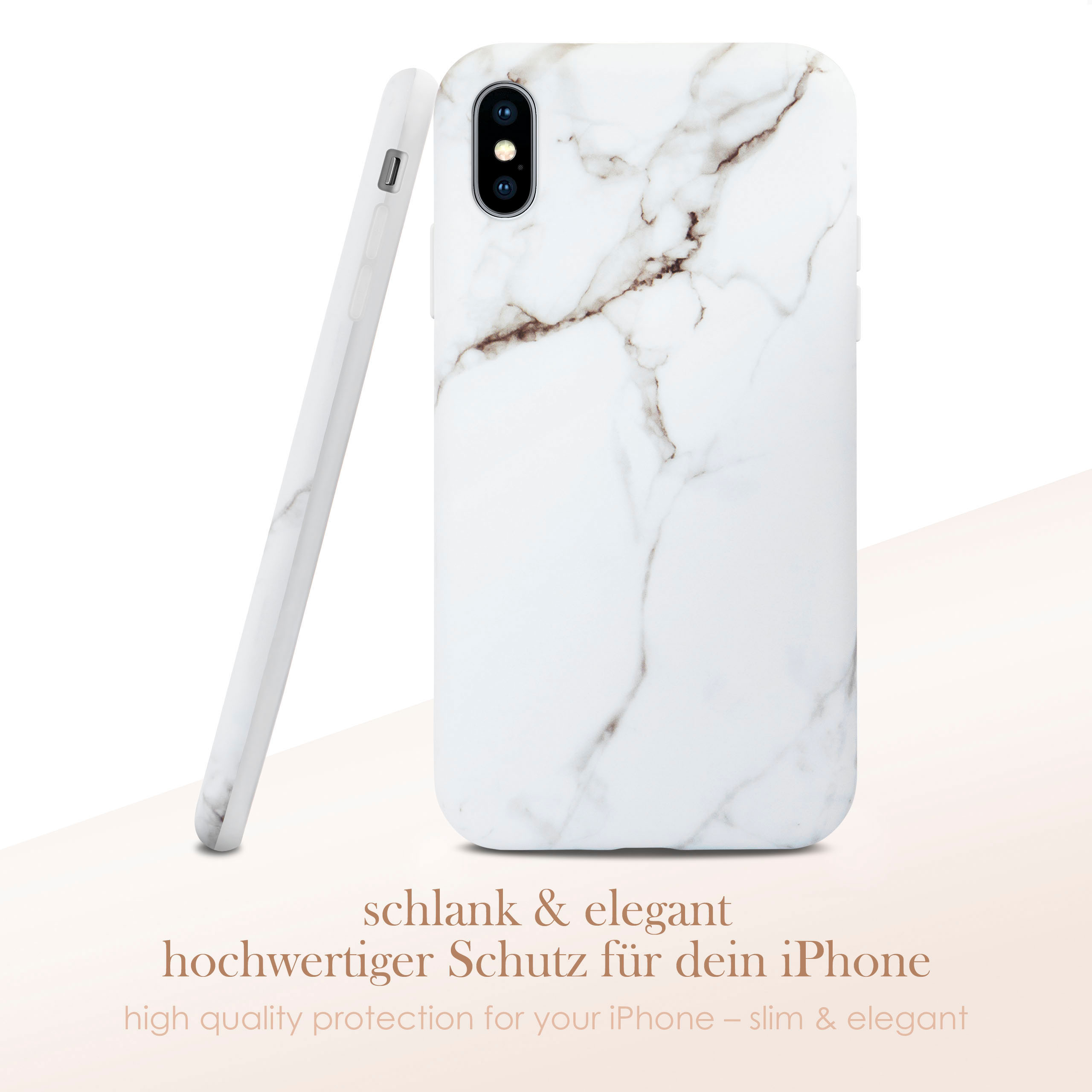 Weißes Handycase mit Marmorstruktur und braunen Streifen, Text auf Deutsch. Ein Telefon lehnt daran.