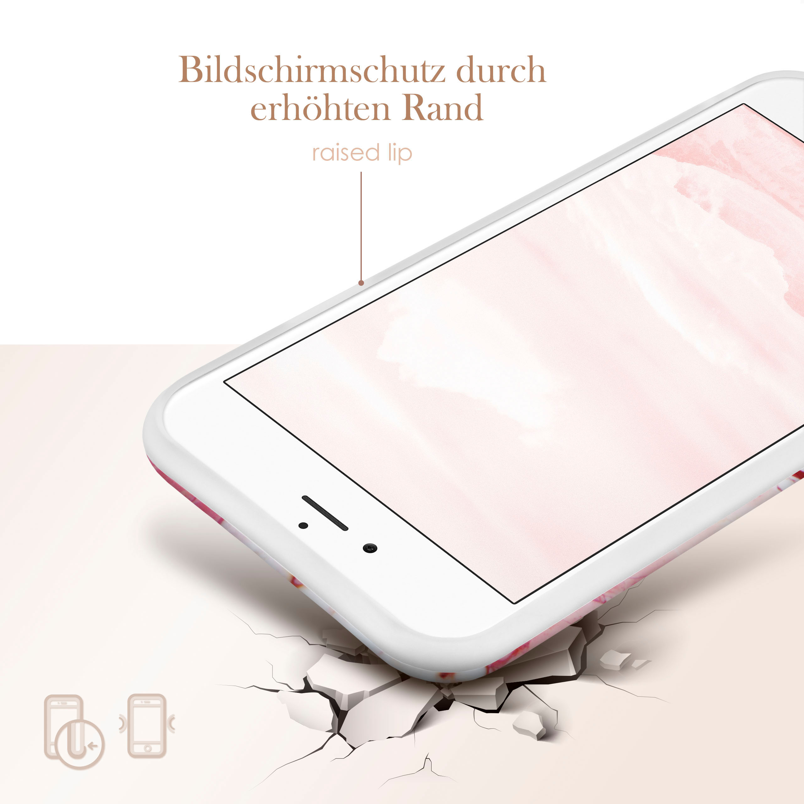 Telefon in weißer Hülle mit erhöhtem Rand, zeigt ein rosa Blumendesign. Symbol für Schutz.