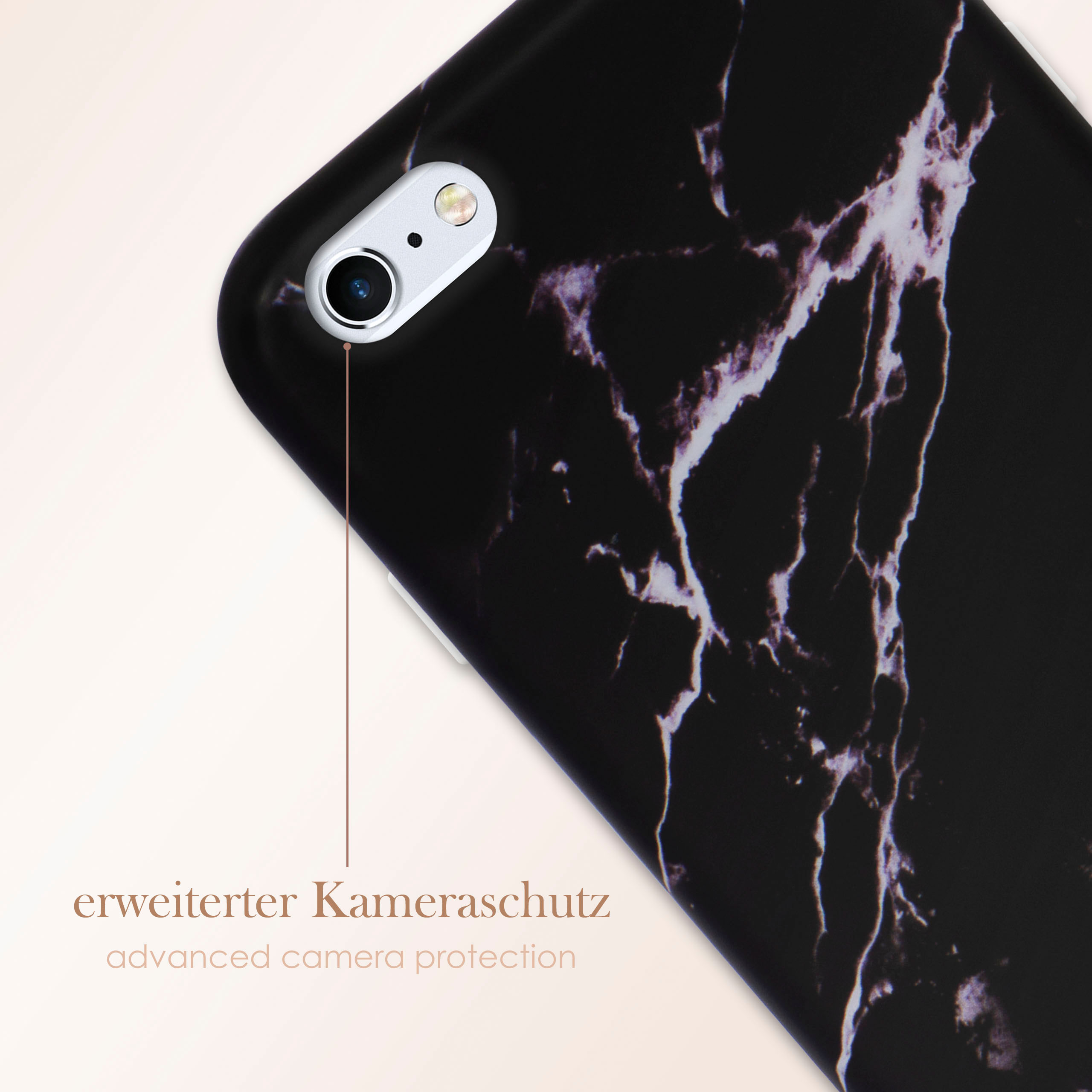 Schwarze Marmor-Handyhülle. Telefonkamera sichtbar. Text für erweiterten Kameraschutz.
