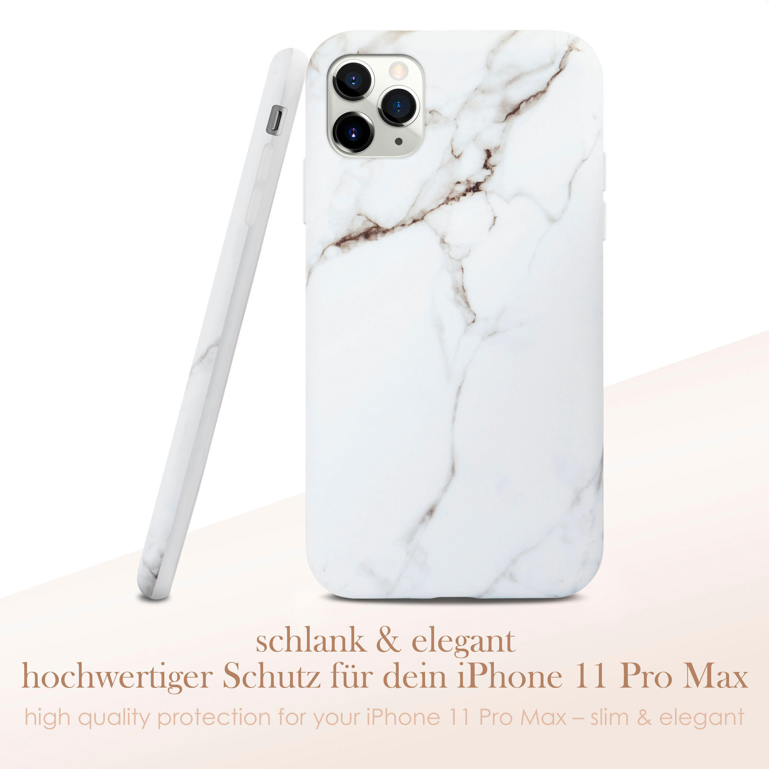 Weißes Handycase mit Marmormuster und weißem iPhone 11 Pro Max, Text unten.