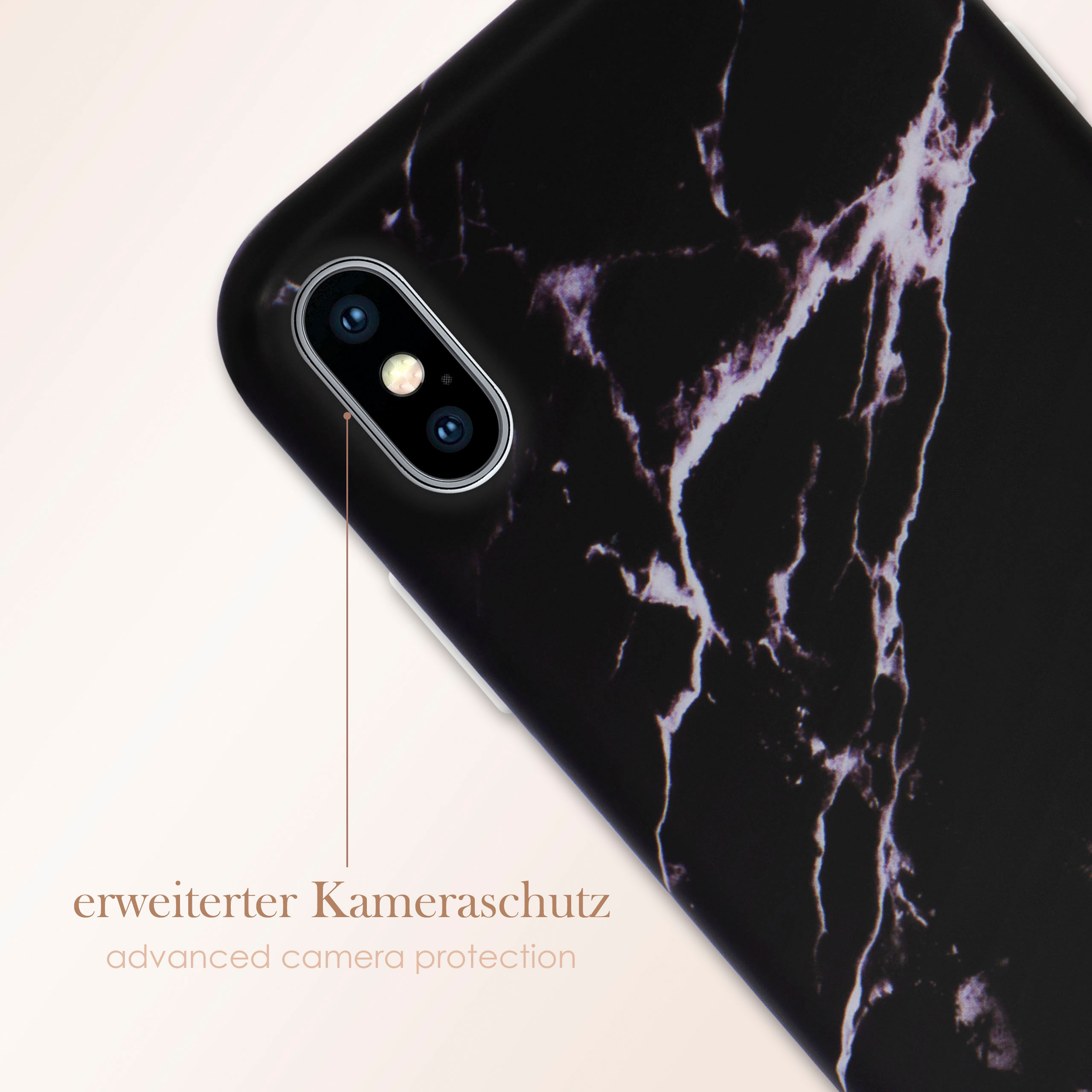 Nahaufnahme einer schwarzen Marmor-Handyhülle. Zeigt Kameralinsen und Text: erweiterter Kameraschutz.