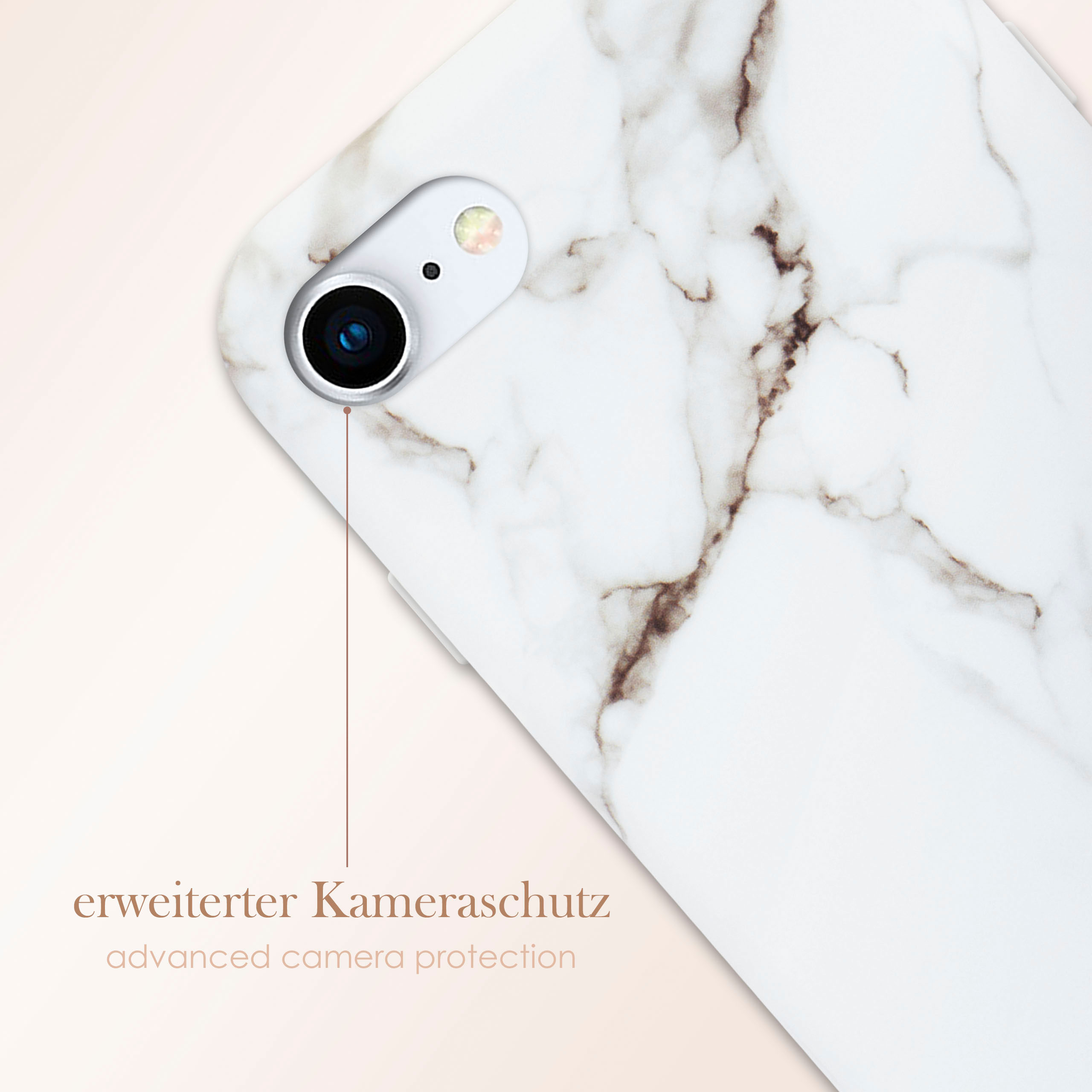 Weiße Marmor-Handyhülle mit Kameralinse. Text sagt: erweiterter Kameraschutz.