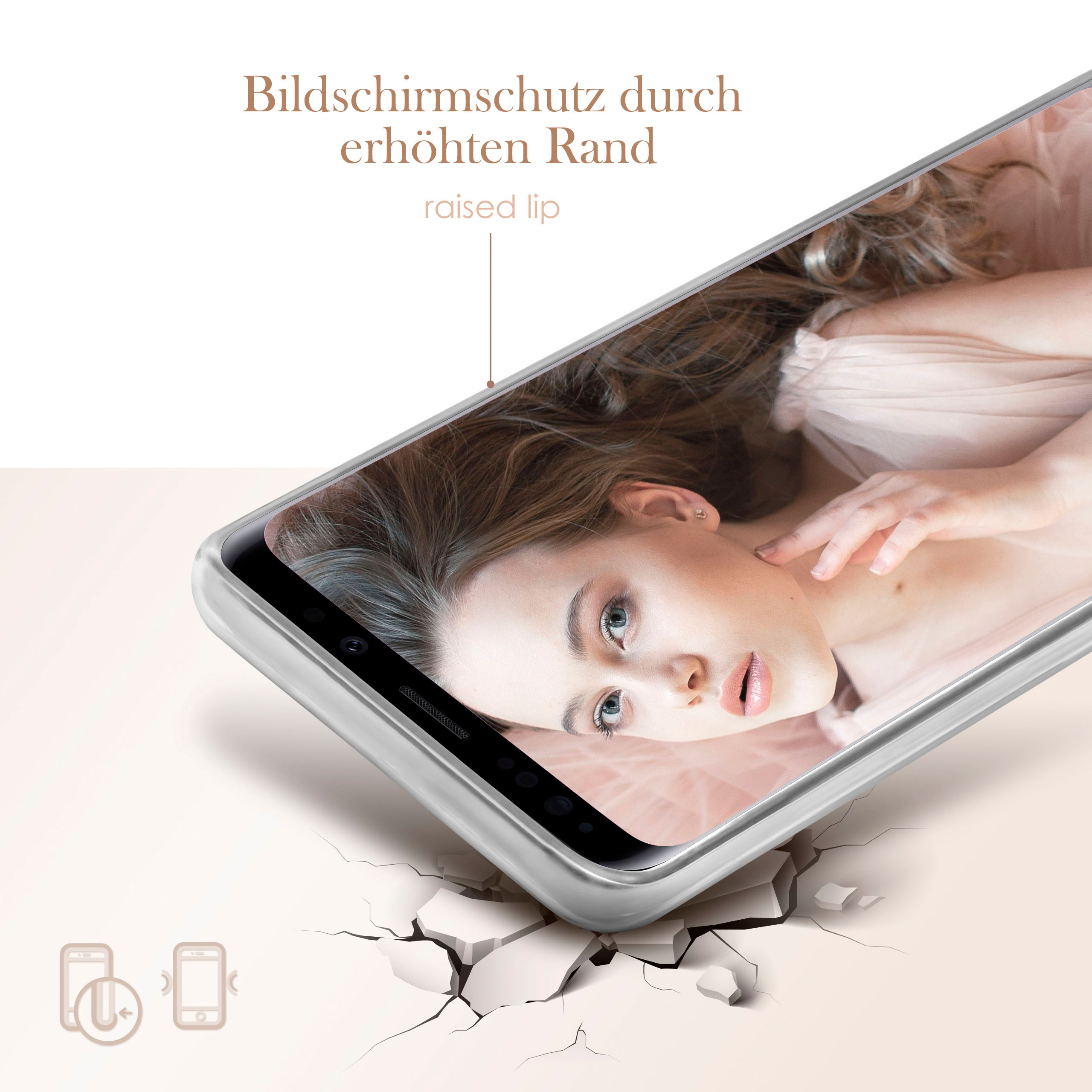 Nahaufnahme eines Telefonbildschirms in einem weißen Gehäuse. Der Bildschirm zeigt das Gesicht einer Frau.