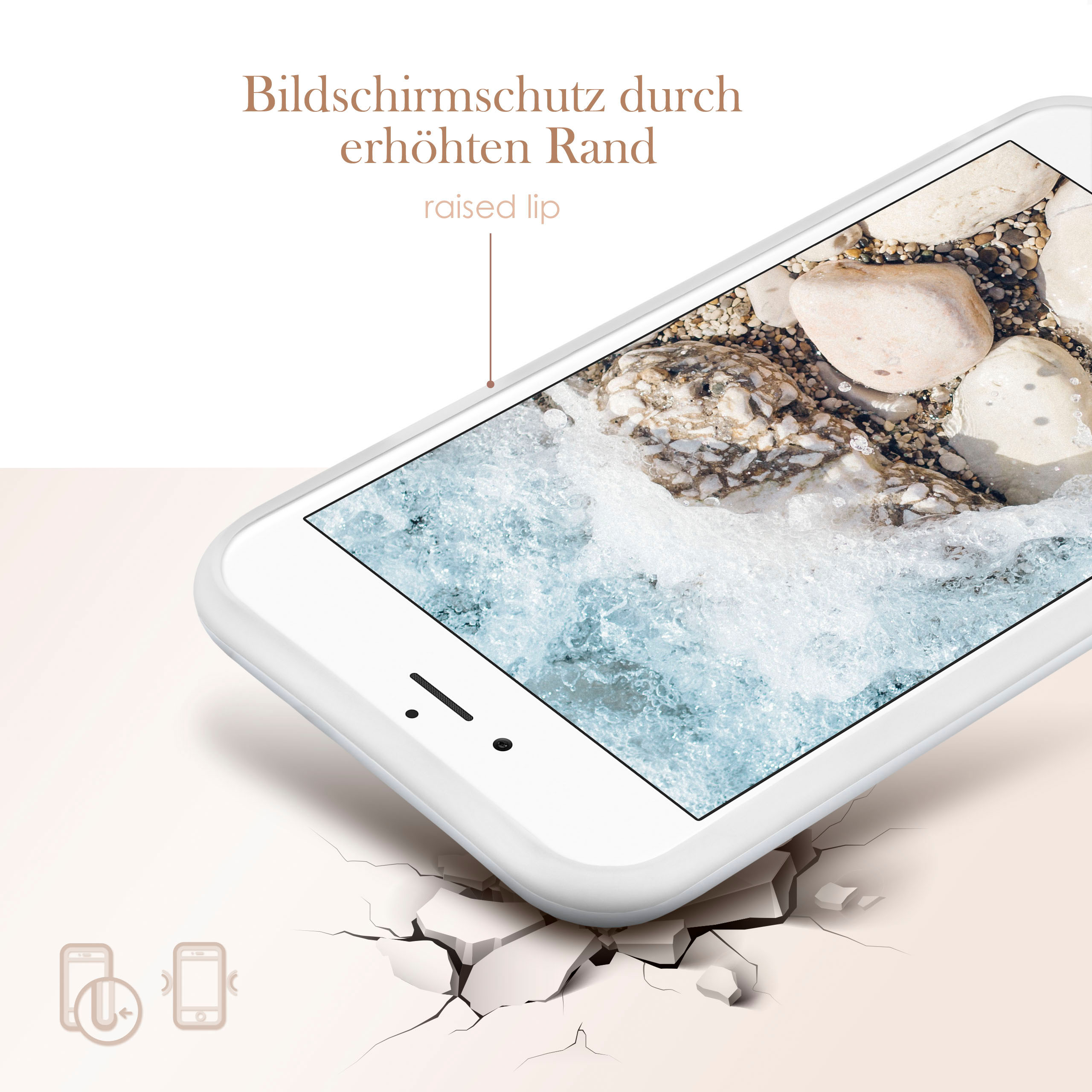 Weißes Handycase auf einem weißen Handy. Text: Bildschirmschutz durch erhöhten Rand.