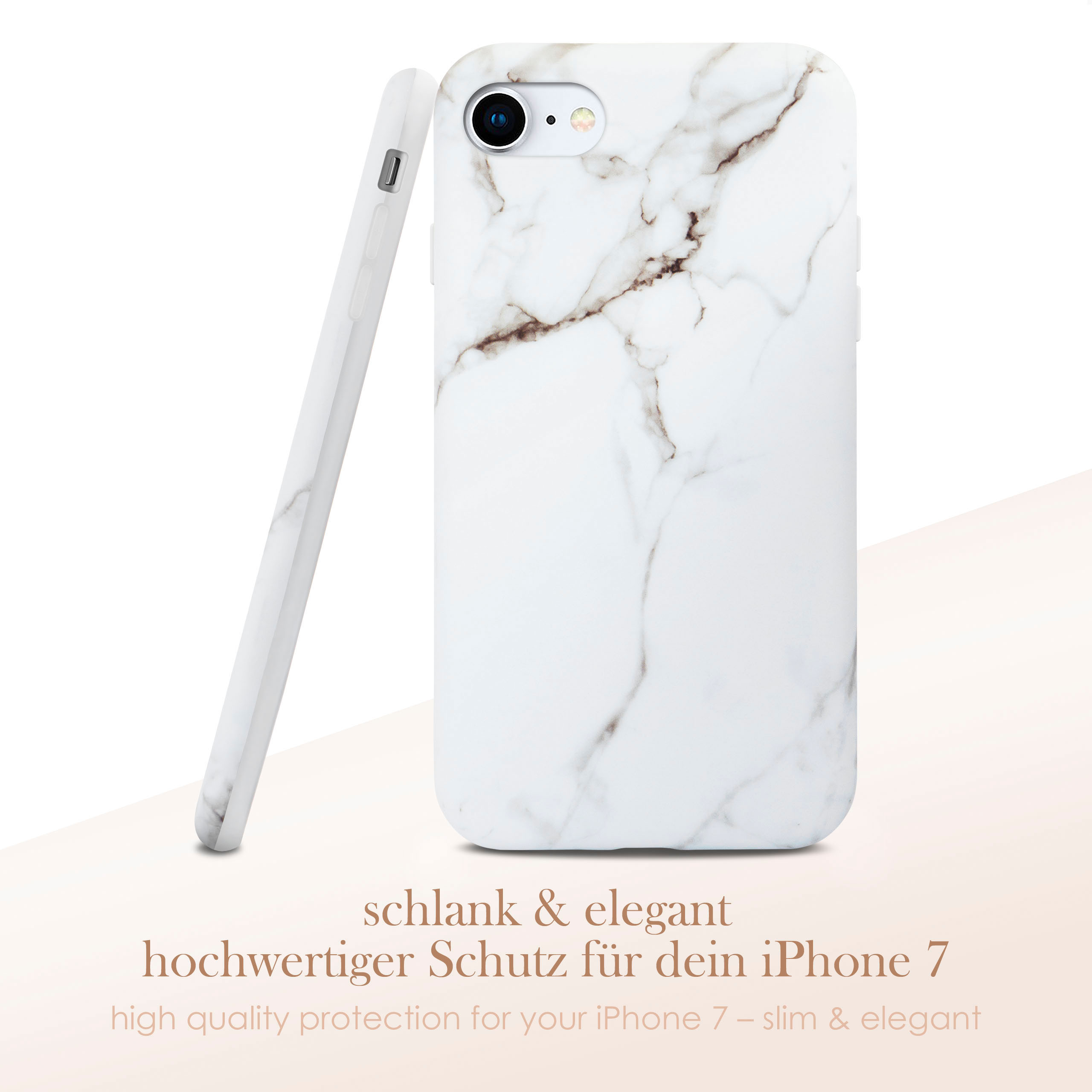 Weiße Handyhülle mit Marmordesign. Text auf Deutsch: hochwertiger Schutz für dein iPhone 7.