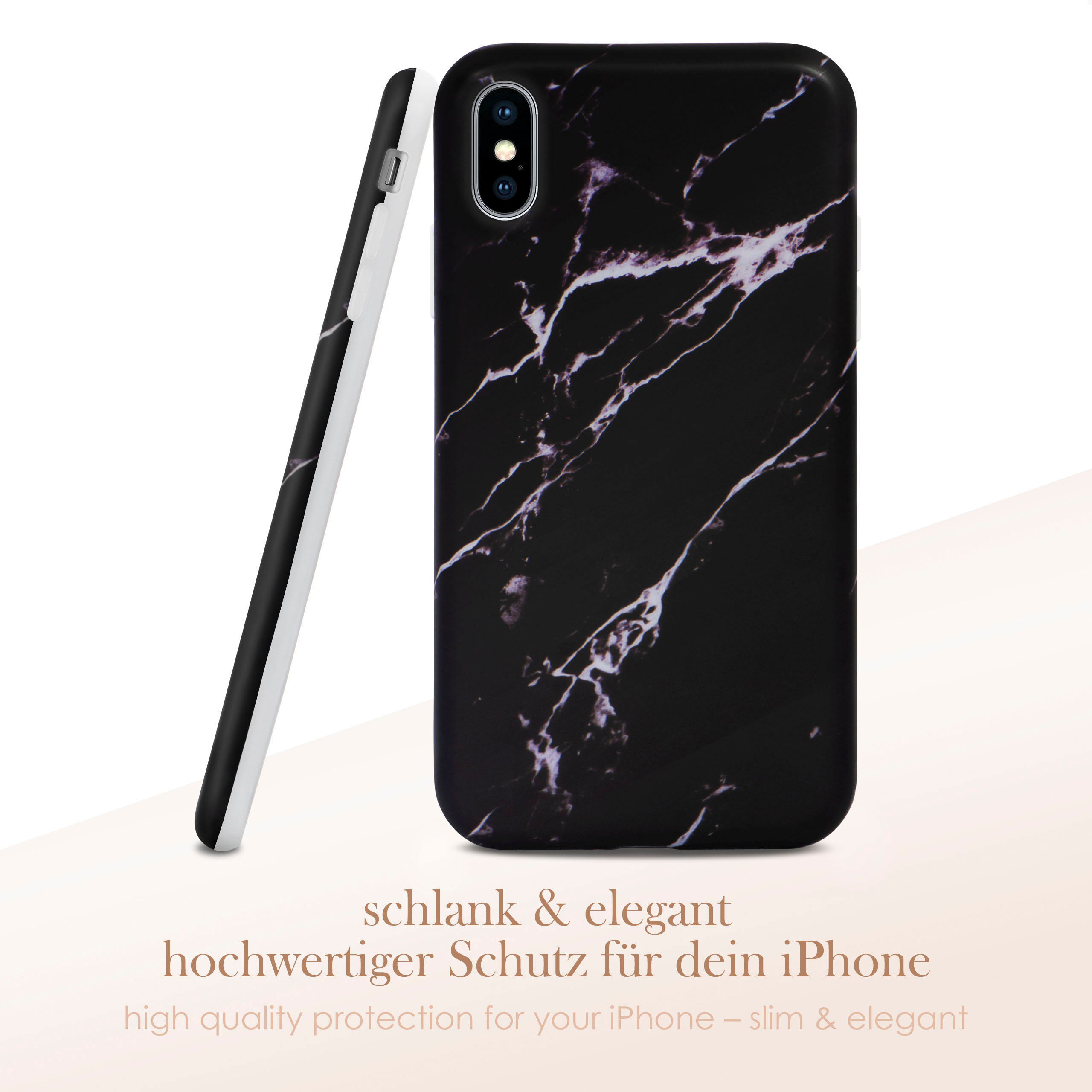Schwarze Marmor-Handyhülle auf weißer Oberfläche. Die Handyhülle lehnt an einer anderen.