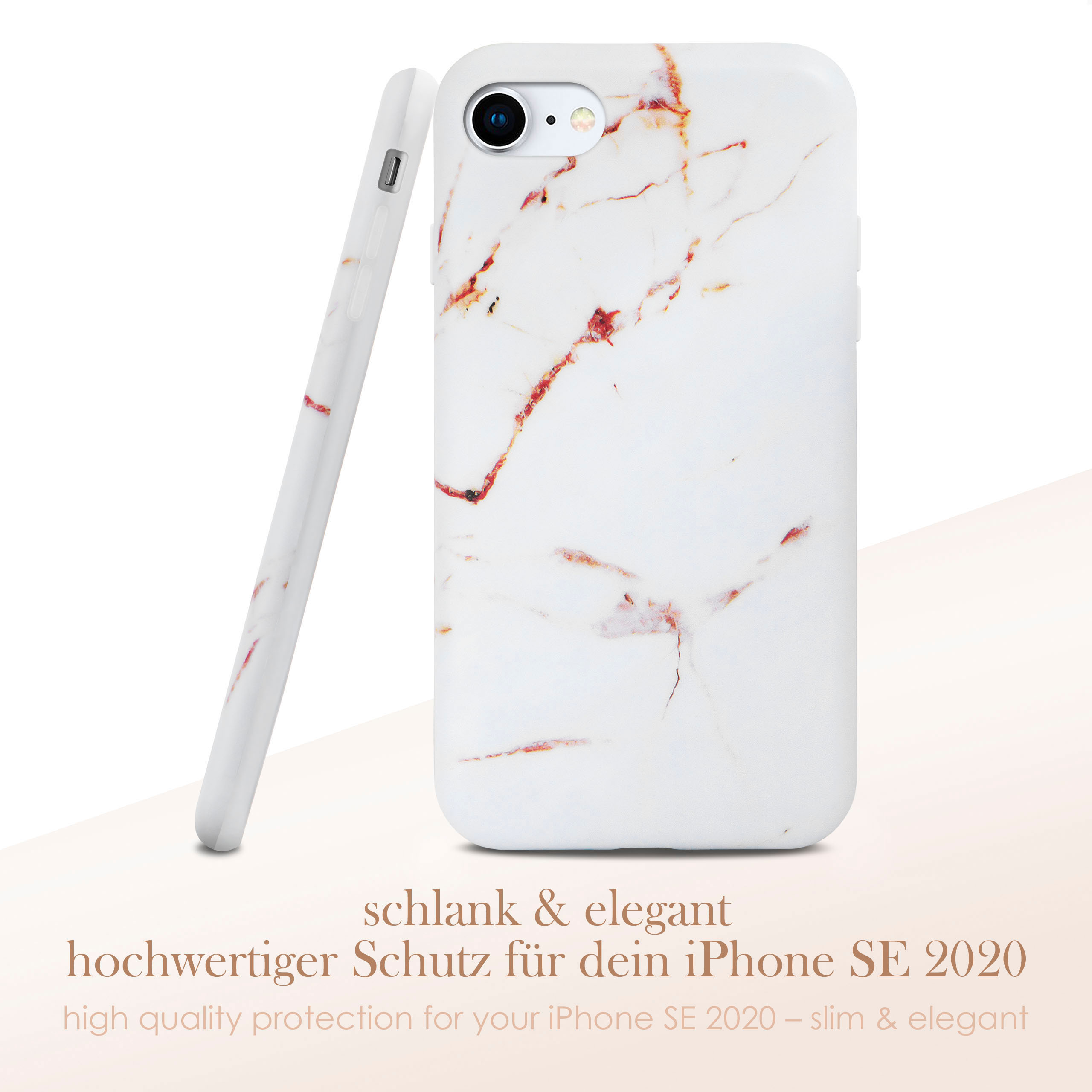 Eine weiße Marmor-Handyhülle mit Telefon daneben, Text auf Deutsch.