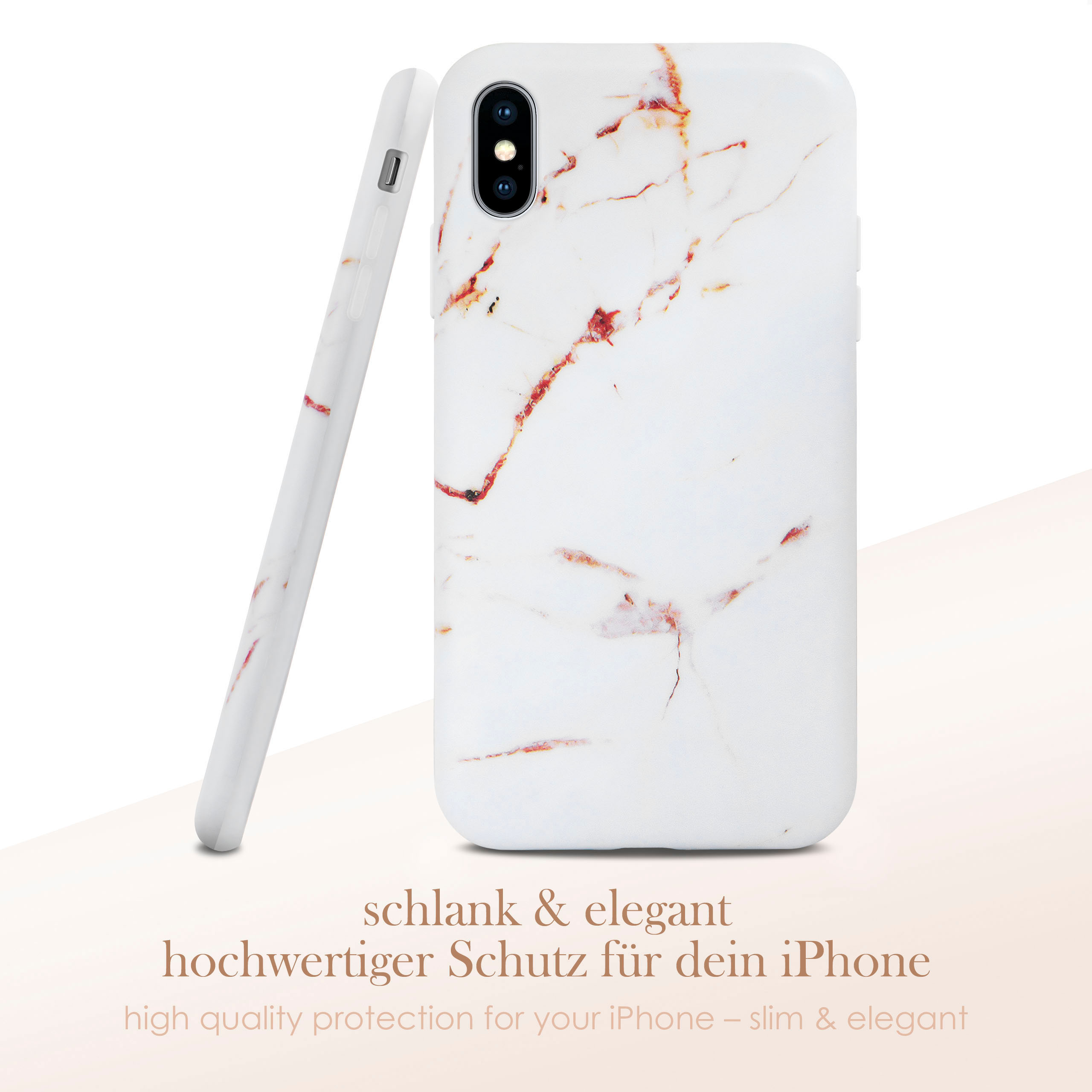 Weiße Marmor-Handyhülle mit roten Adern, schlank & elegant, hochwertiger Schutz für iPhone.