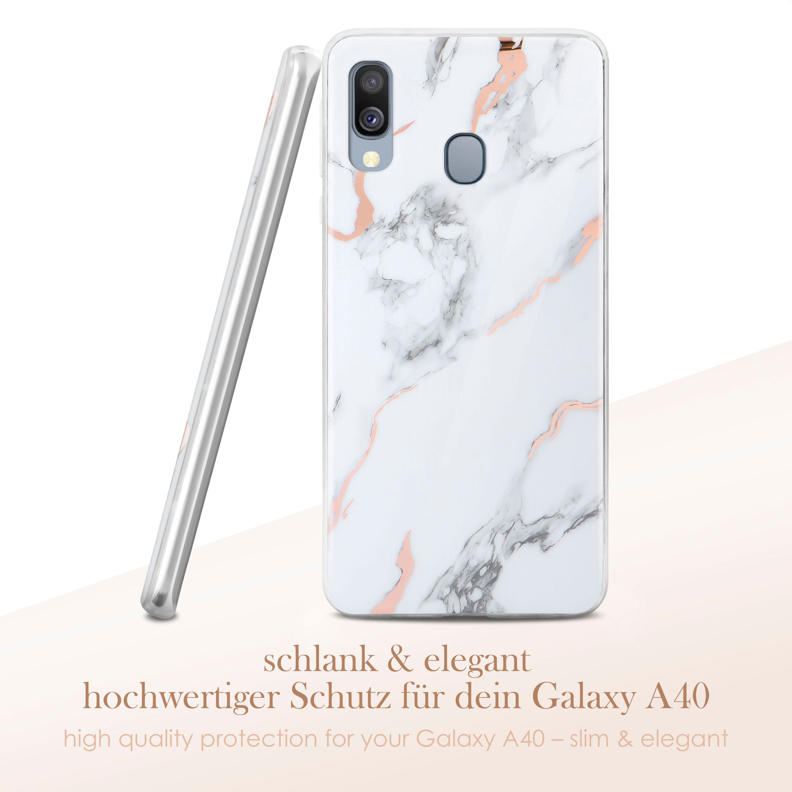 Weißes Handycase mit Marmor- und Pink-Design. Text: hochwertiger Schutz für Ihr Galaxy A40 - schlank & elegant.
