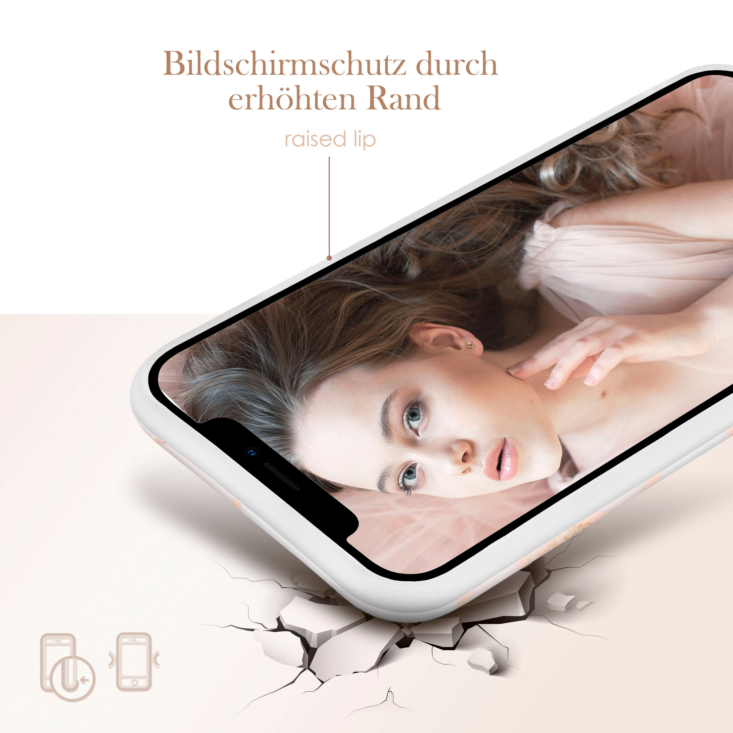 Handyhülle mit Frauenporträt. Erhöhter Rand als Bildschirmschutz, deutscher Text.
