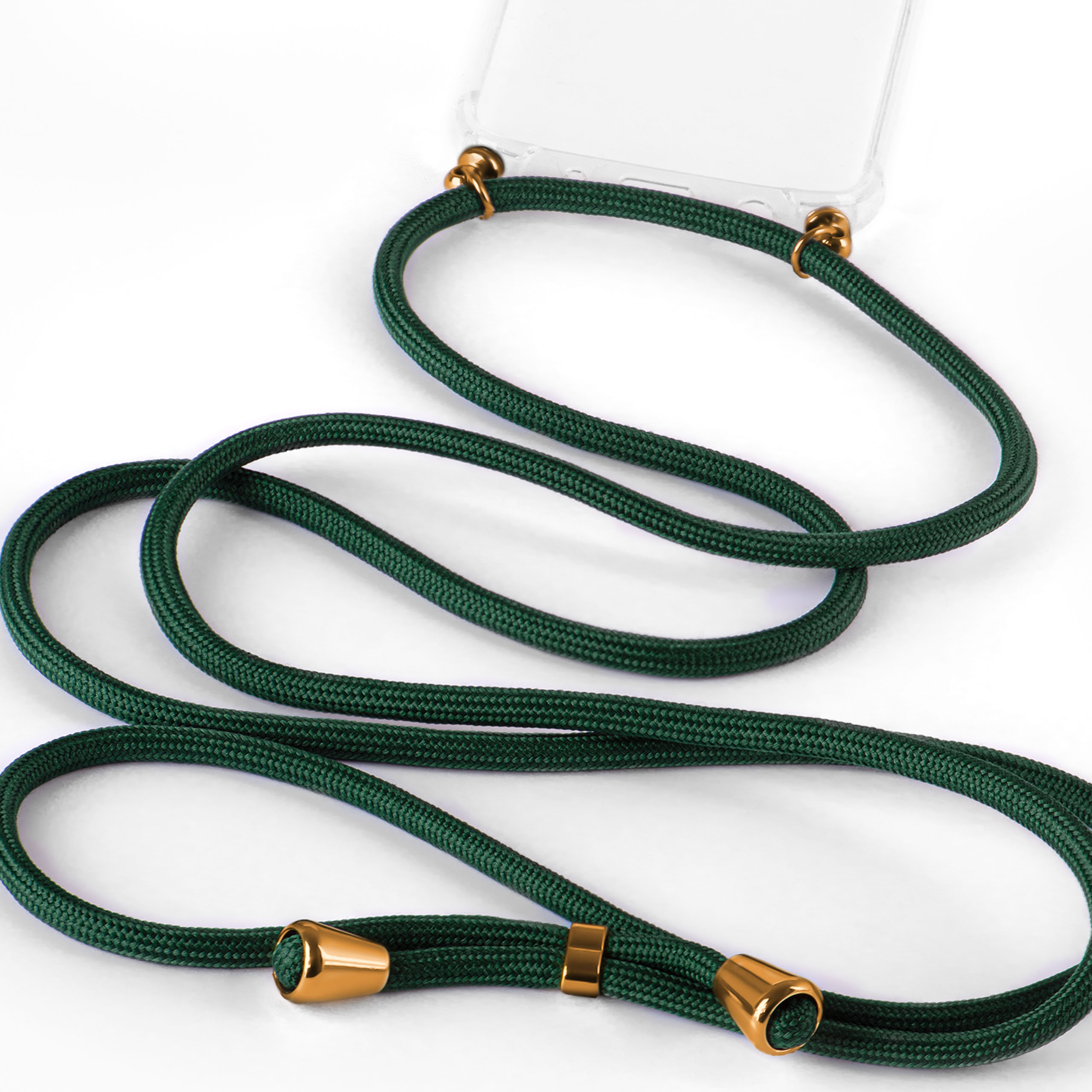 Grünes Handy-Lanyard mit goldenen Akzenten. Nahaufnahme des Lanyards auf weißem Hintergrund.