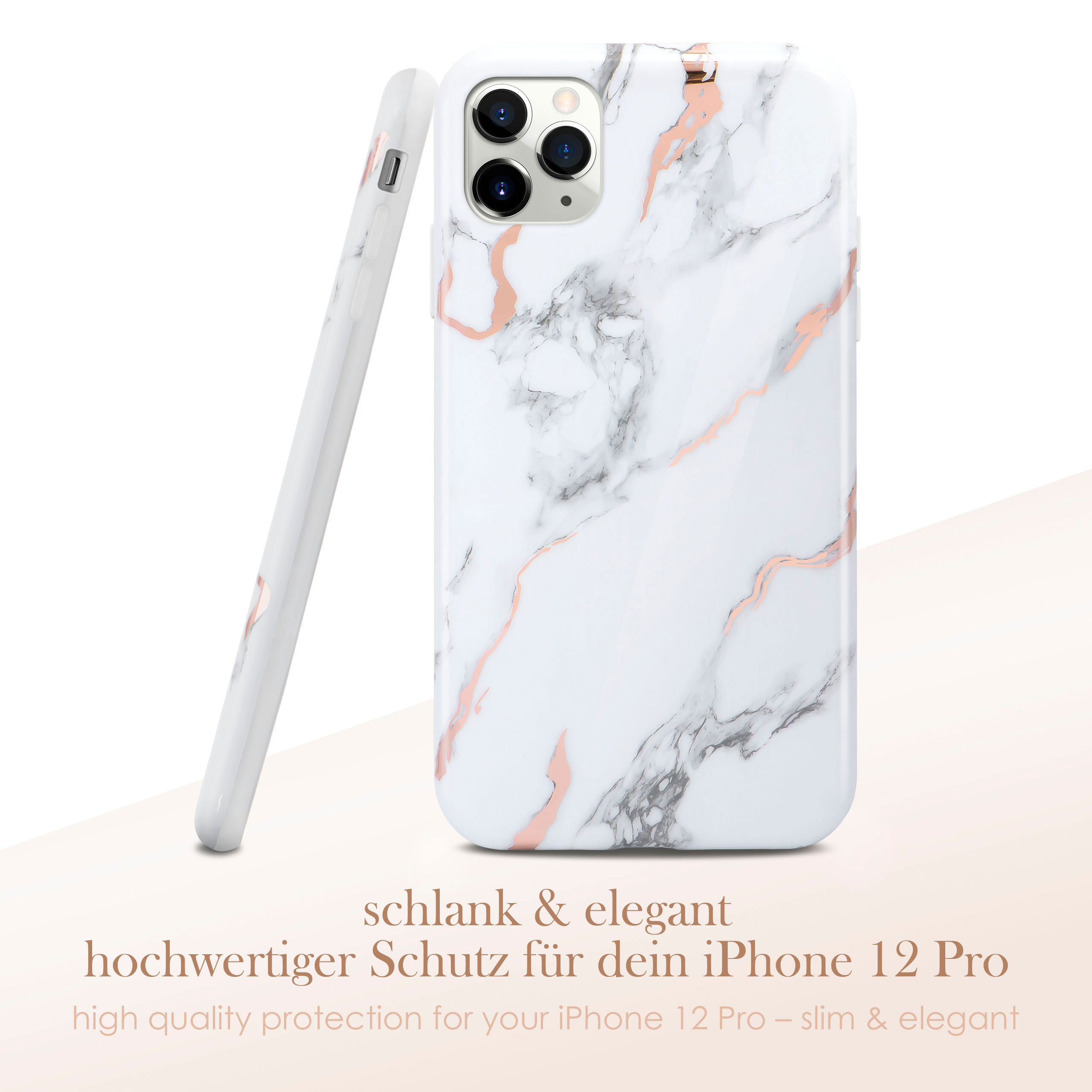 Handyhülle mit weißem Marmordesign und roségoldenen Akzenten. Telefon in der Hülle sichtbar.