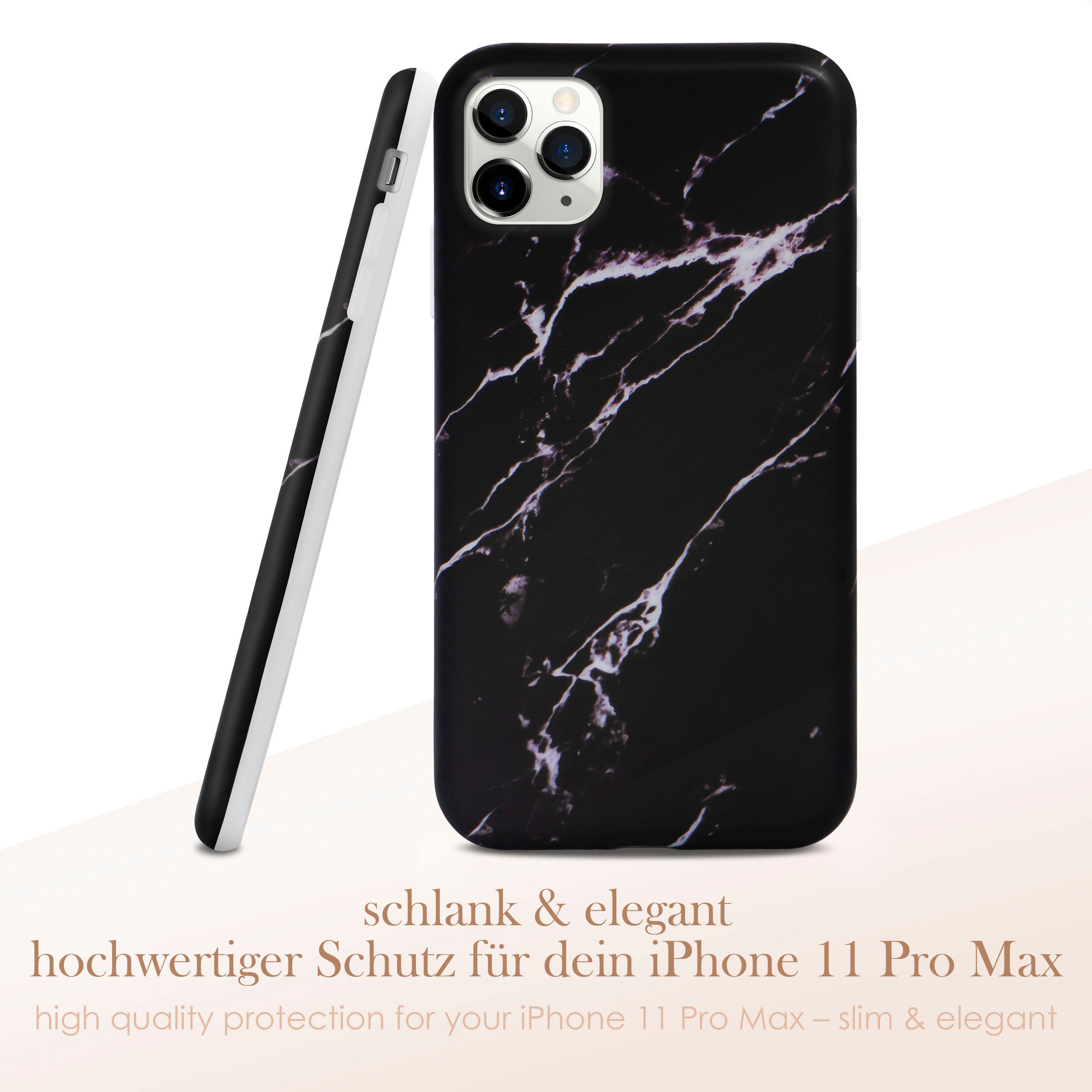 Schwarzes Marmor-iPhone-Case mit passendem Case daneben, auf weißem Hintergrund.