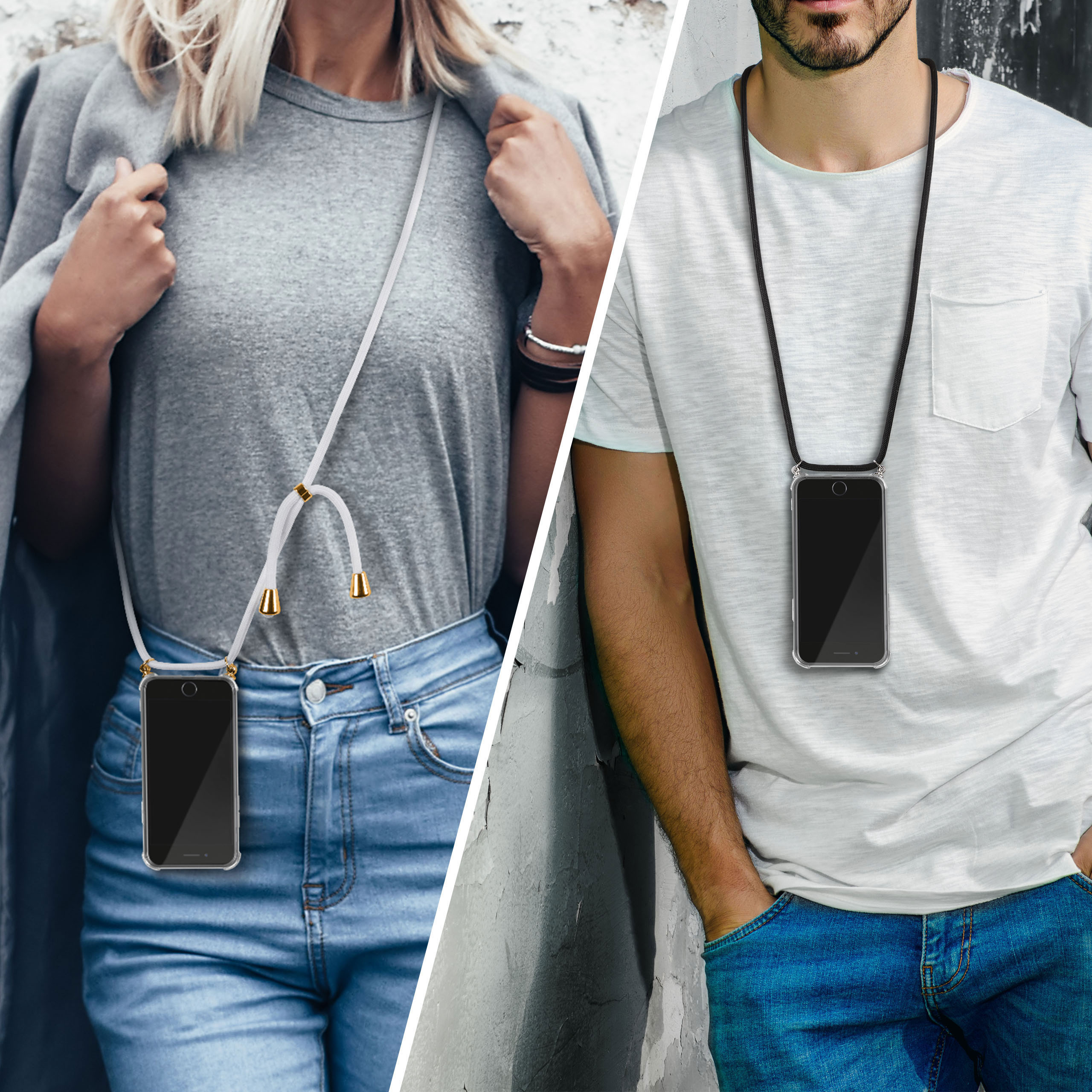 Zwei Personen mit Handyhüllen um den Hals. Einer weißer, einer schwarzer Riemen. Beide halten Telefone.