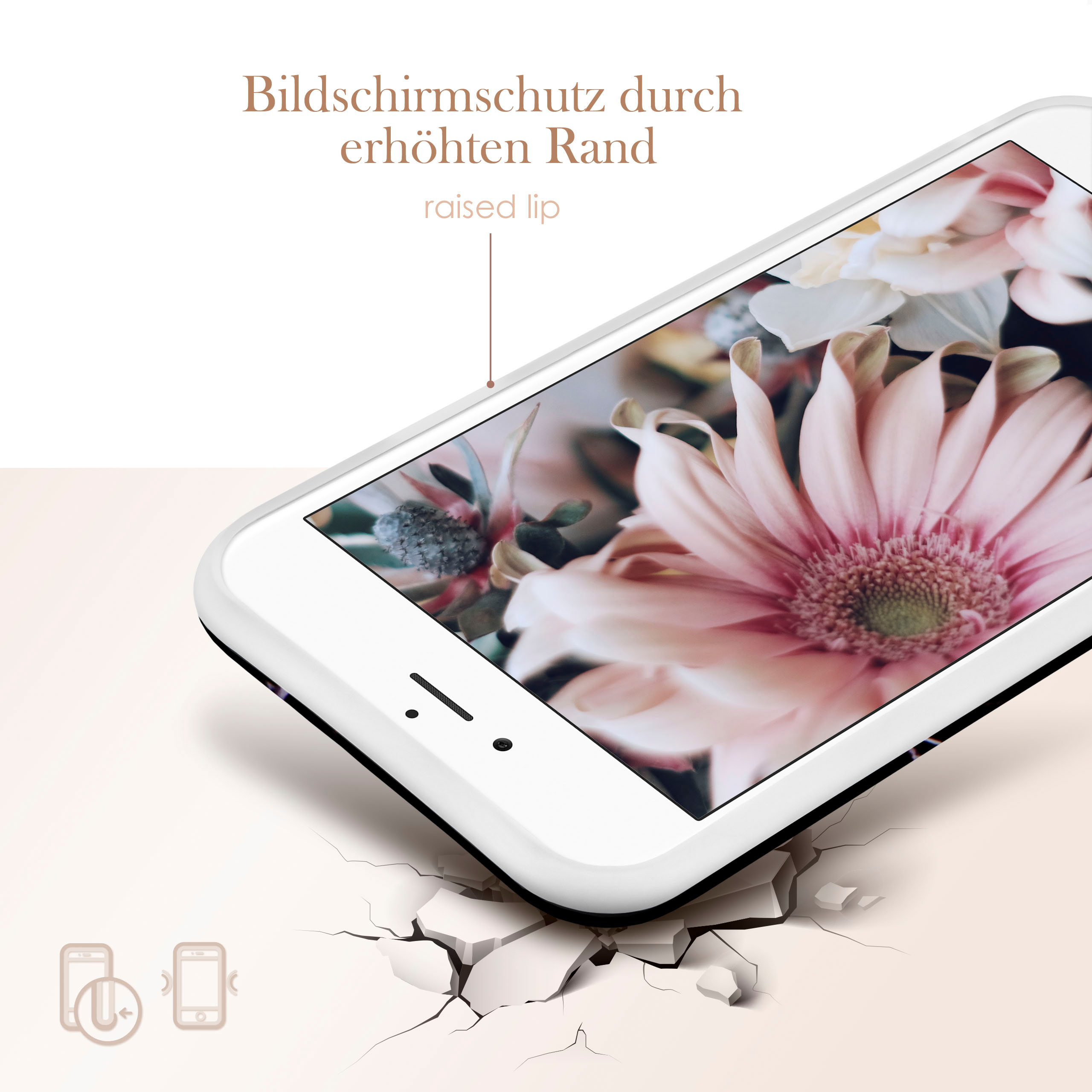 Ein weißes Telefon mit floralem Hintergrund und einer erhöhten Lippe zum Schutz des Bildschirms.