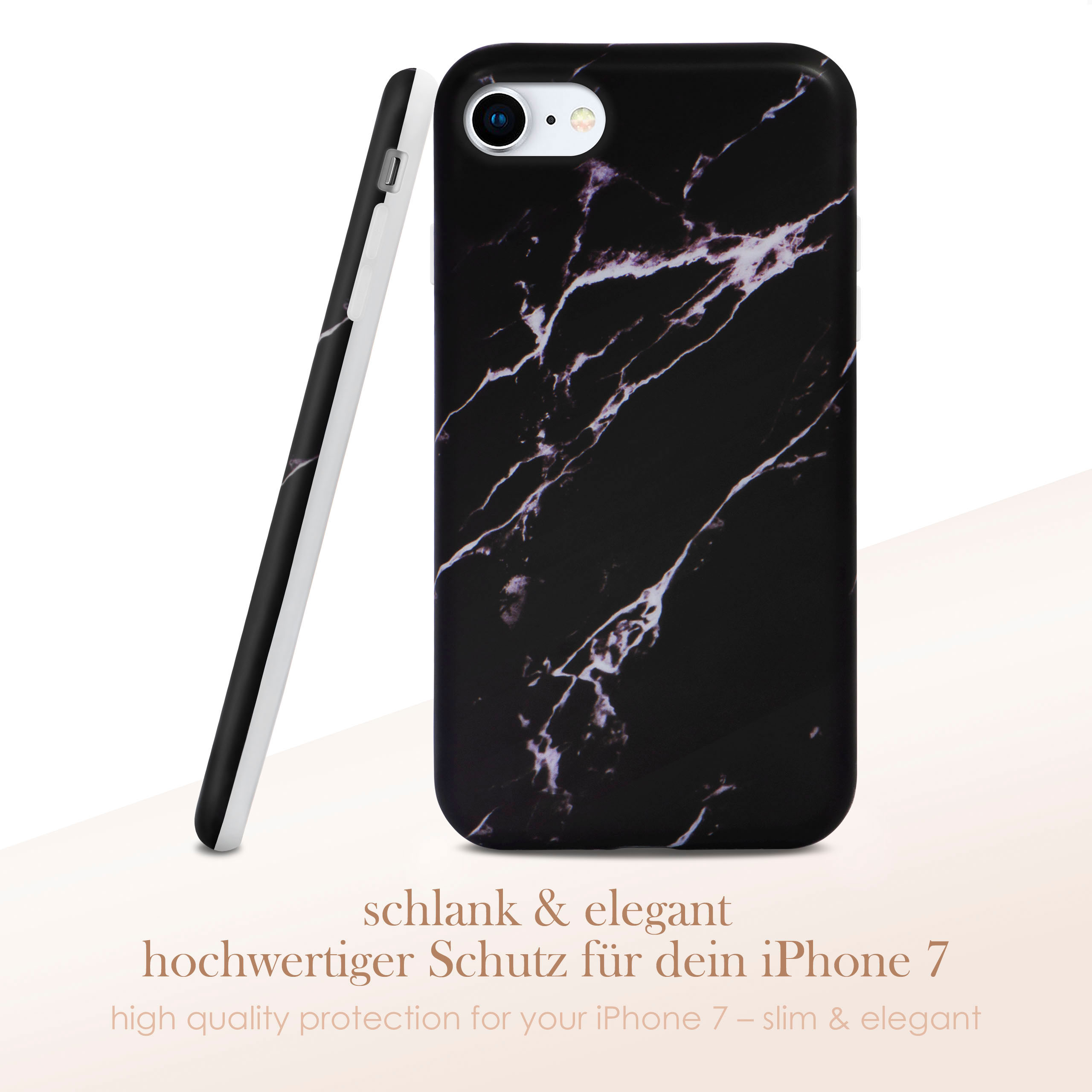 Schwarze Handyhülle mit Marmormuster. Eine Seitenansicht, eine Vorderansicht. Text: Schlank & elegant. Hochwertiger Schutz.
