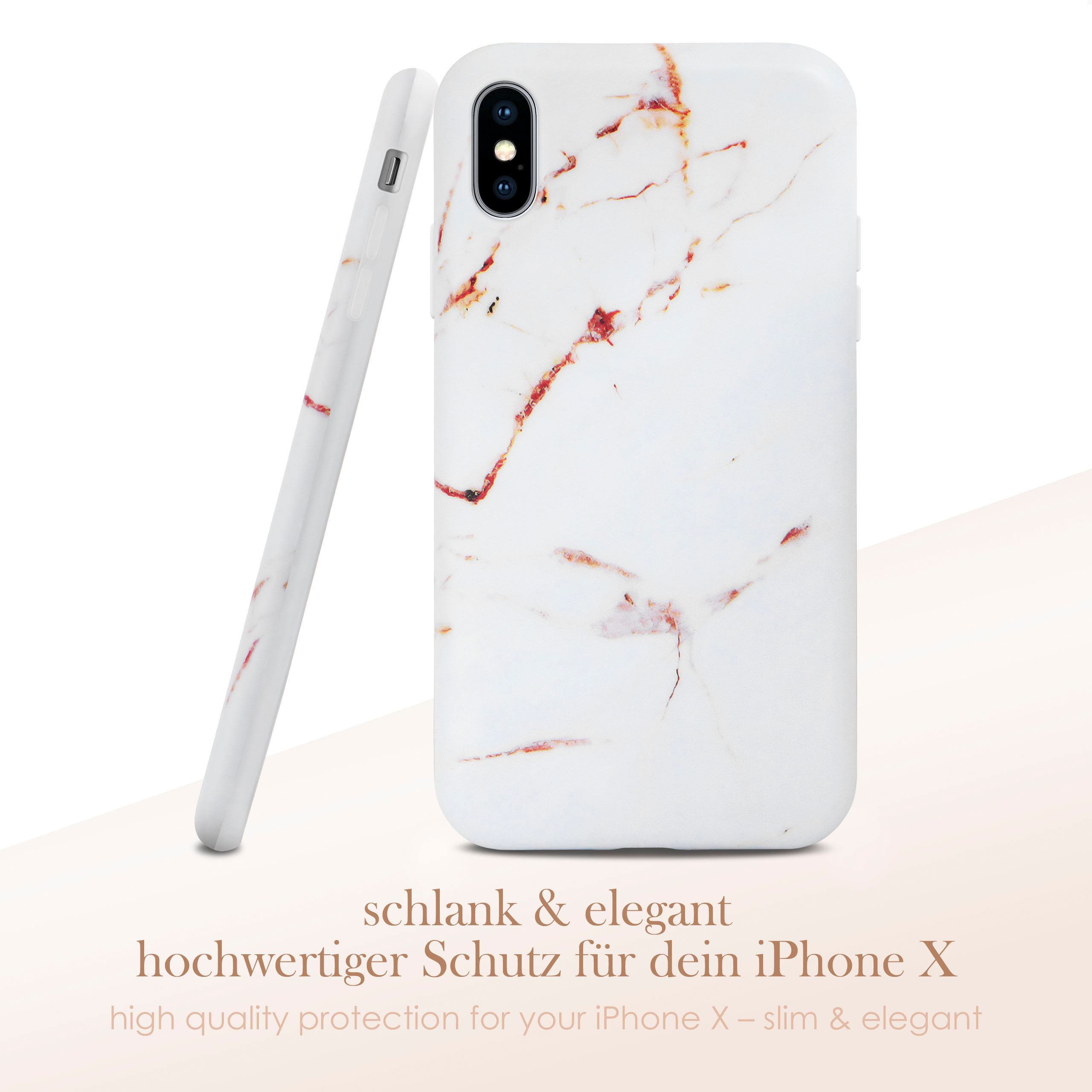 Weißes iPhone-Case mit Marmordesign. Ein zweites Case lehnt dagegen.