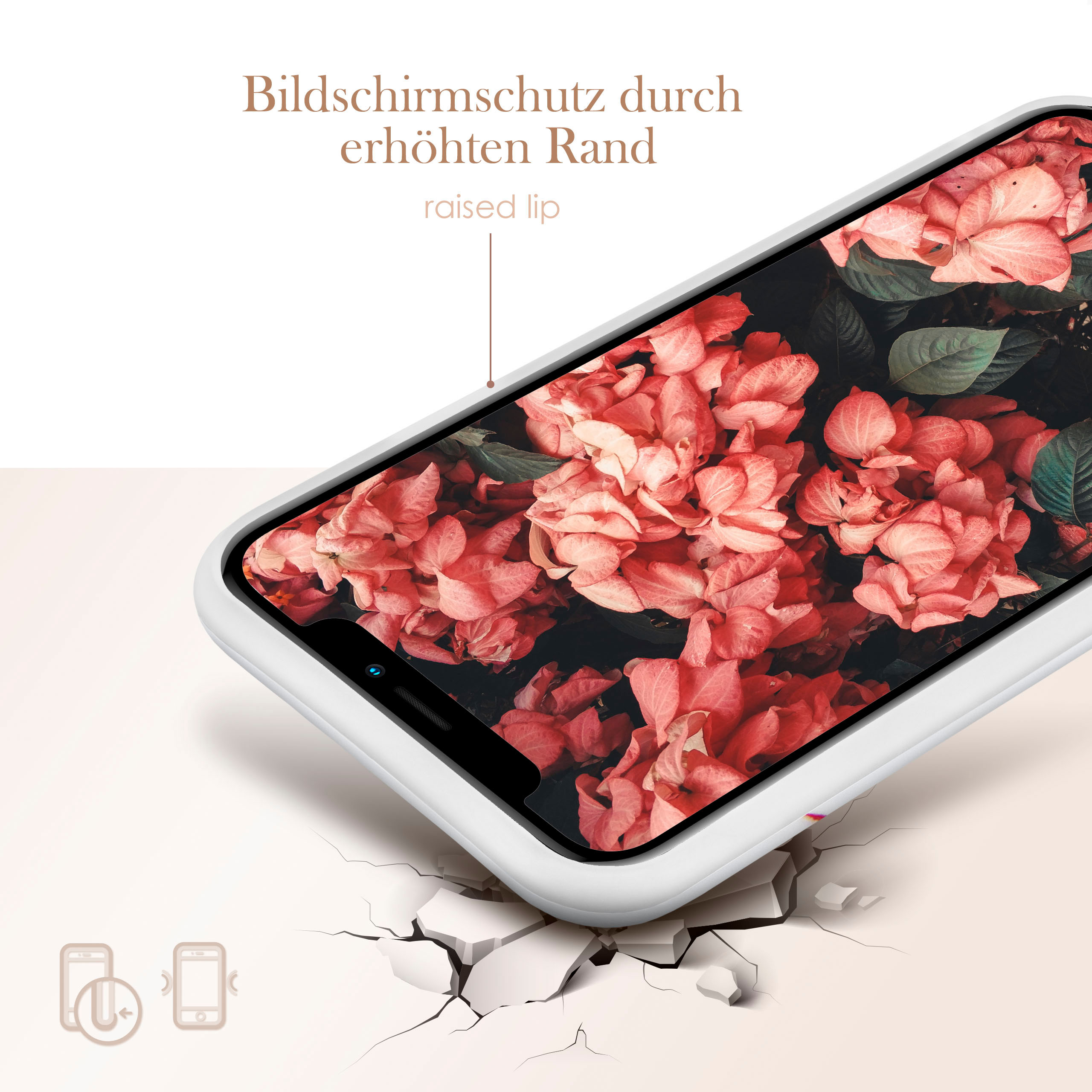 Telefon mit floralem Case, am Boden ist ein Riss als visueller Effekt abgebildet.