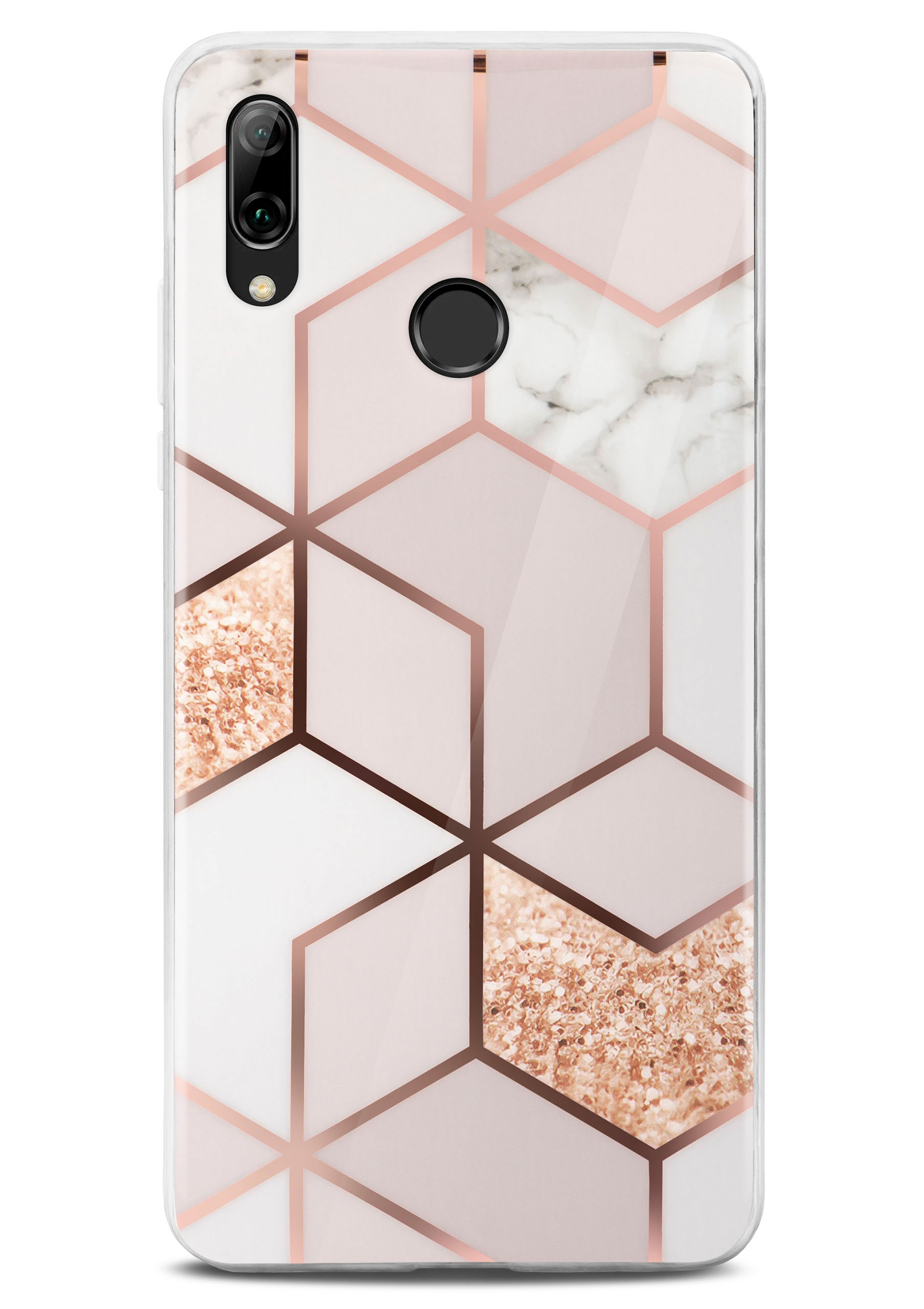 Handyhülle mit geometrischem Design in Roségold, Weiß und Marmormuster. Kamera sichtbar.