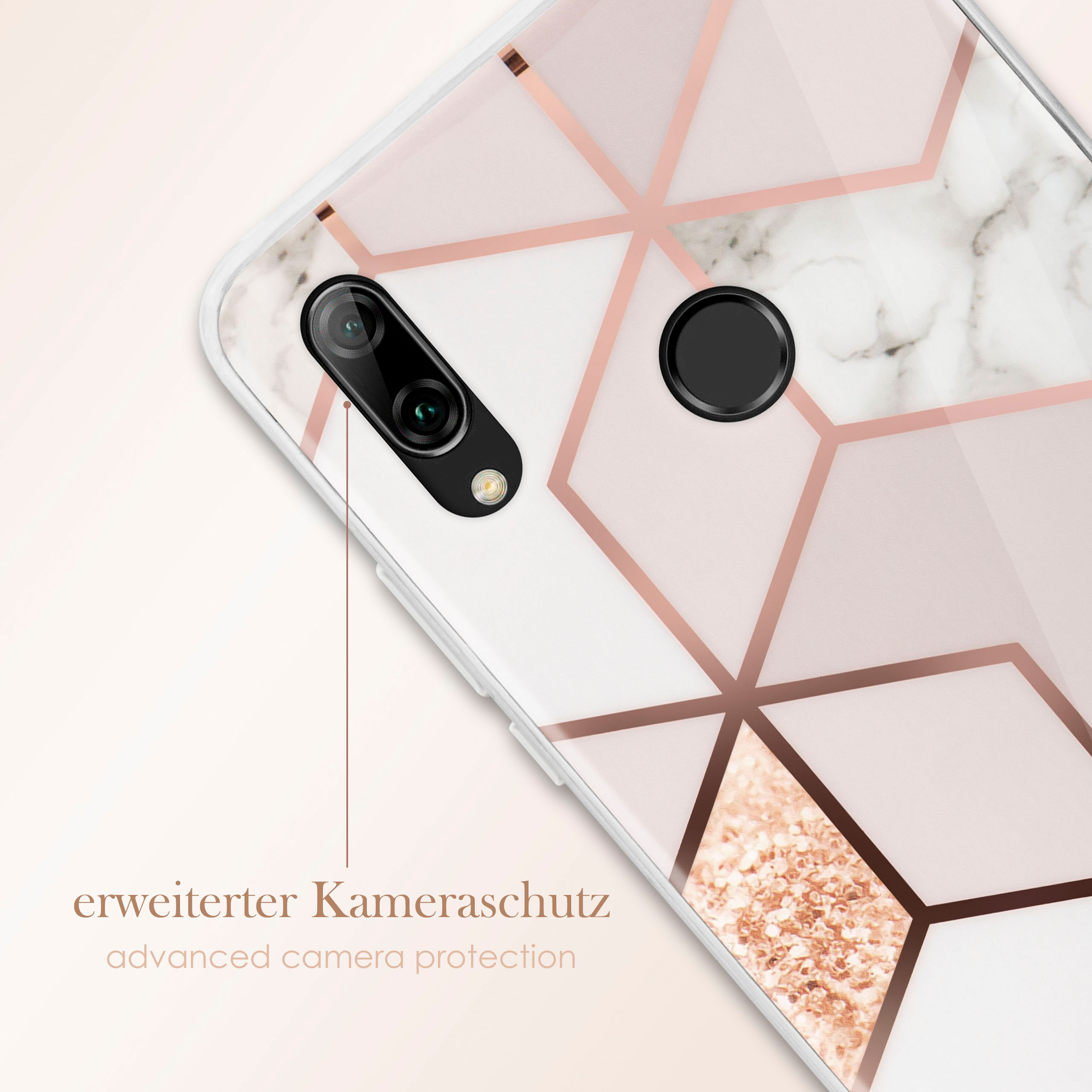 Handyhülle mit geometrischem Design. Weiße, rosa und goldene Akzente und eine Kamera.