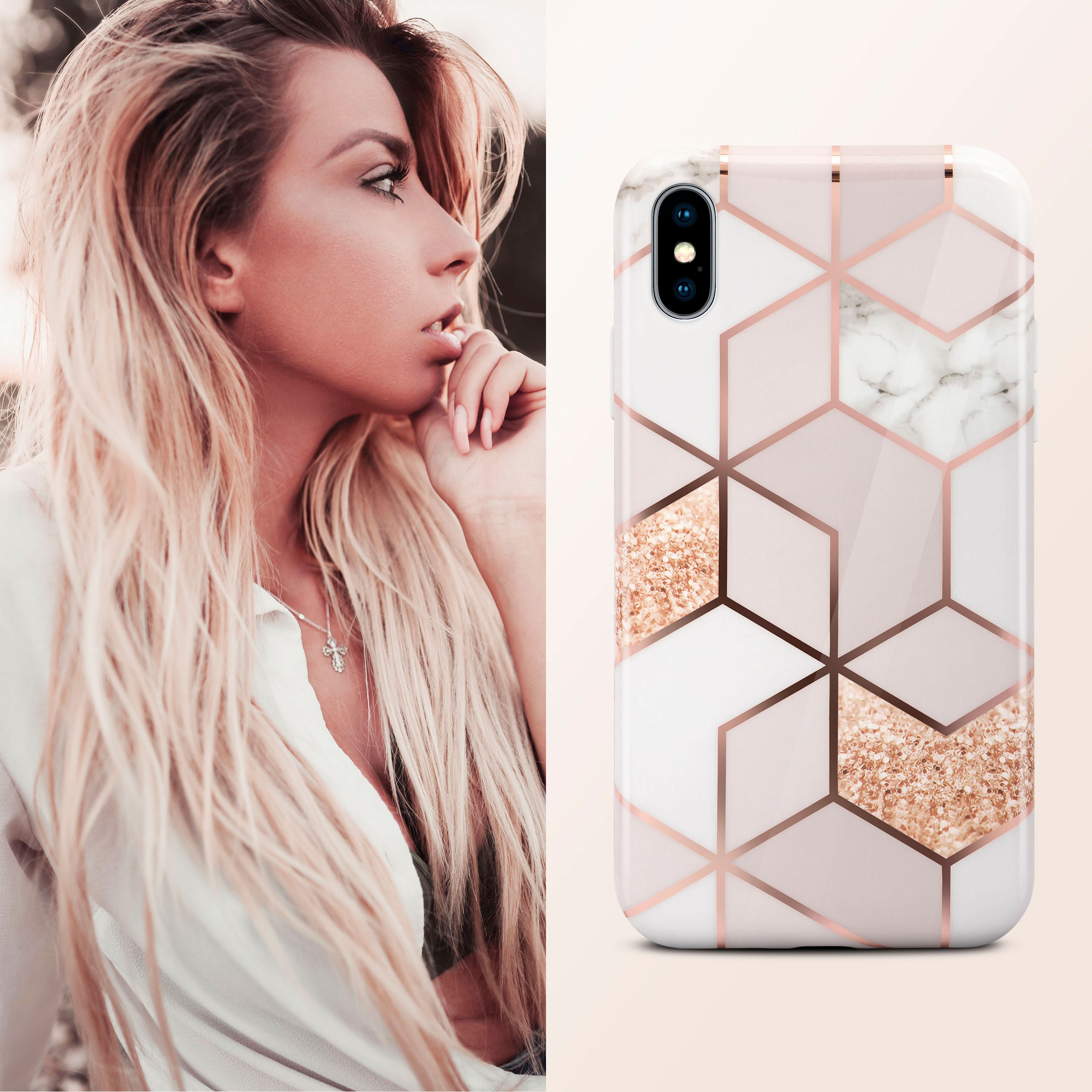 Frau mit blonden Haaren, die nach links schaut. Daneben ist eine Handyhülle mit geometrischem Design.