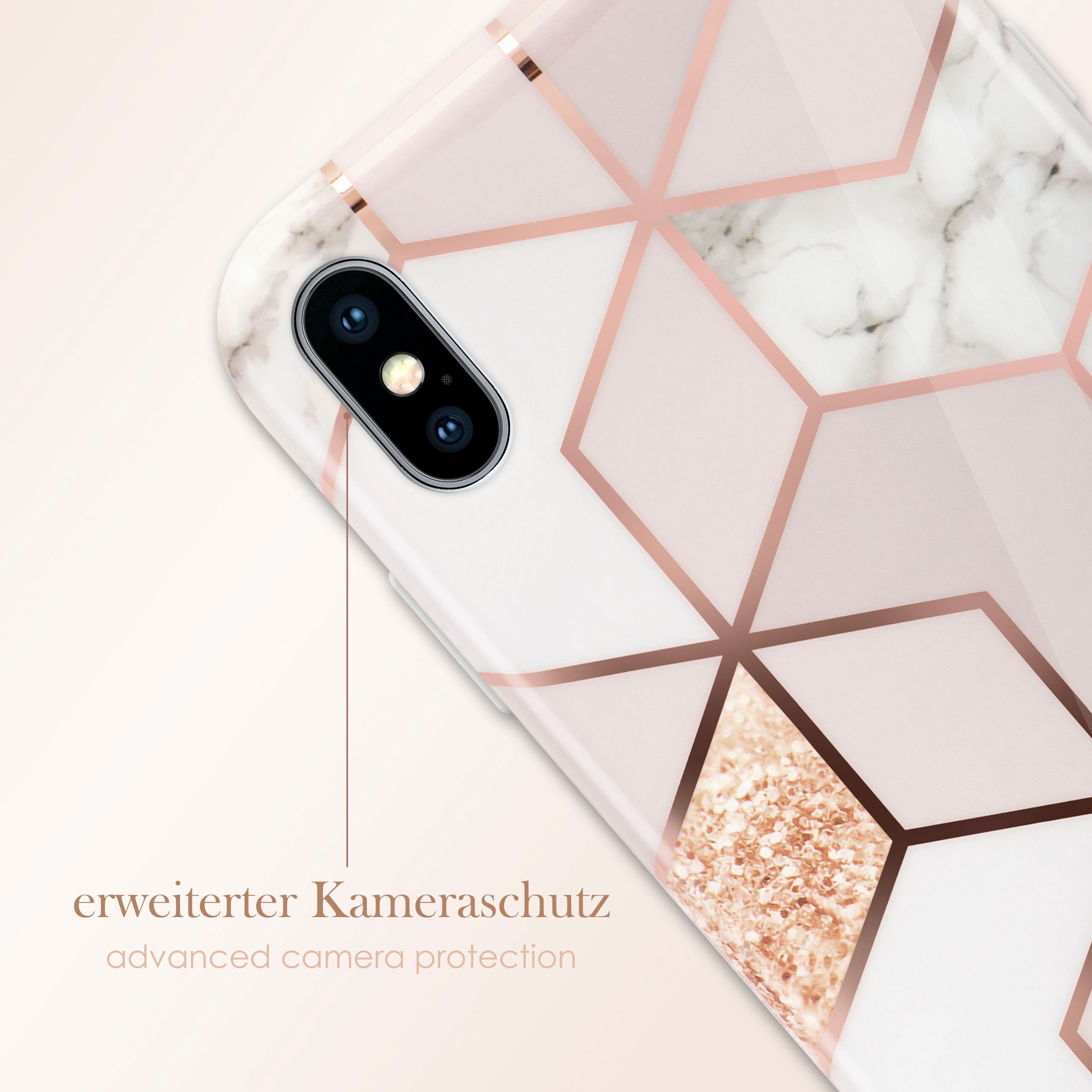 Weiße Handyhülle mit rosa und goldenem geometrischem Design. Zeigt Kameraschutz.