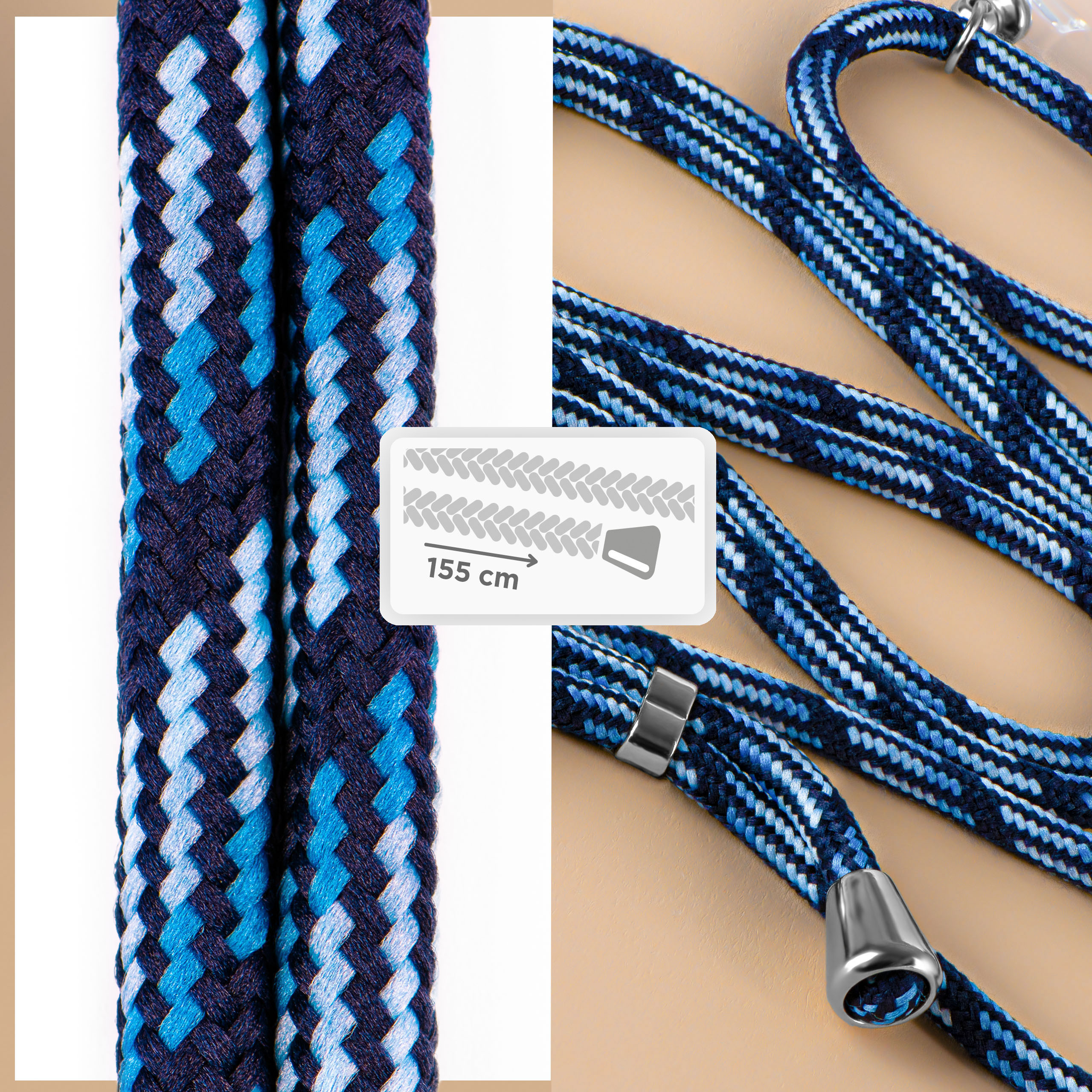 Geflochtene blaue Seile, eines zeigt die Länge, Details. Nahaufnahme der Seilenden mit Metallbefestigungen.
