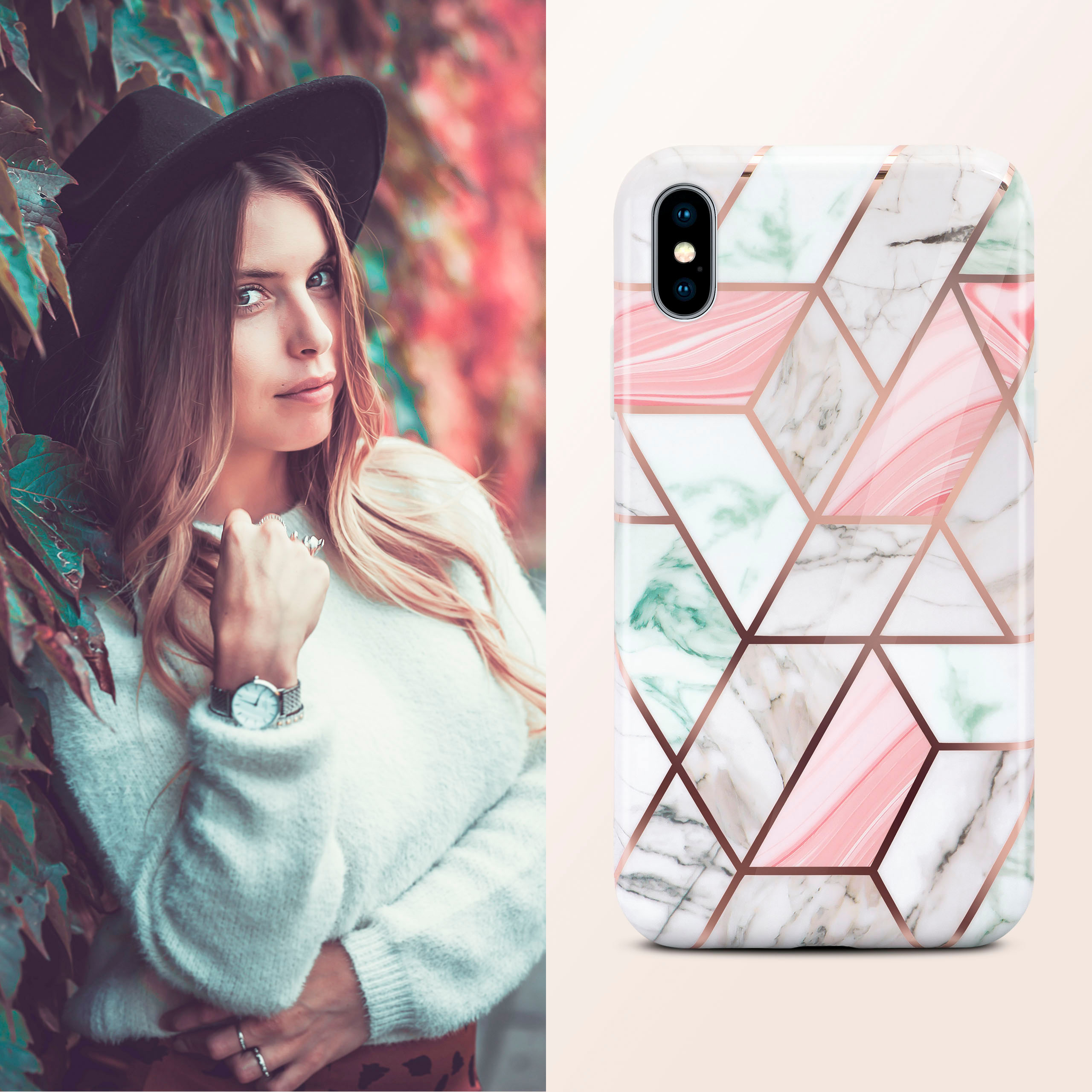Frau mit Hut und Handyhülle. Hülle ist weiß mit rosa und gold geometrischem Design. Blätter im Hintergrund.