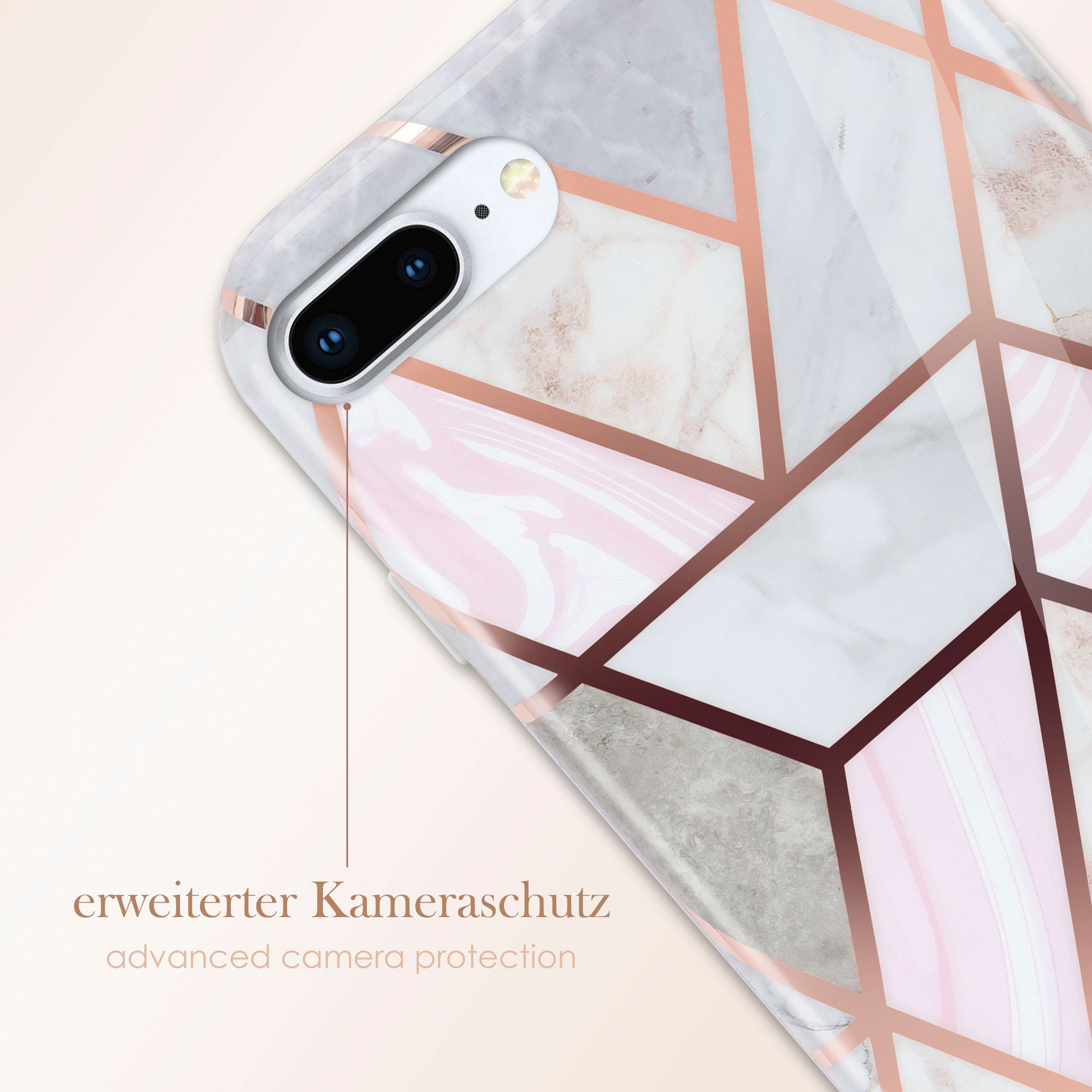 Nahaufnahme einer Handyhülle mit Marmor- und geometrischem Design. Text: 'erweiterter Kameraschutz'.