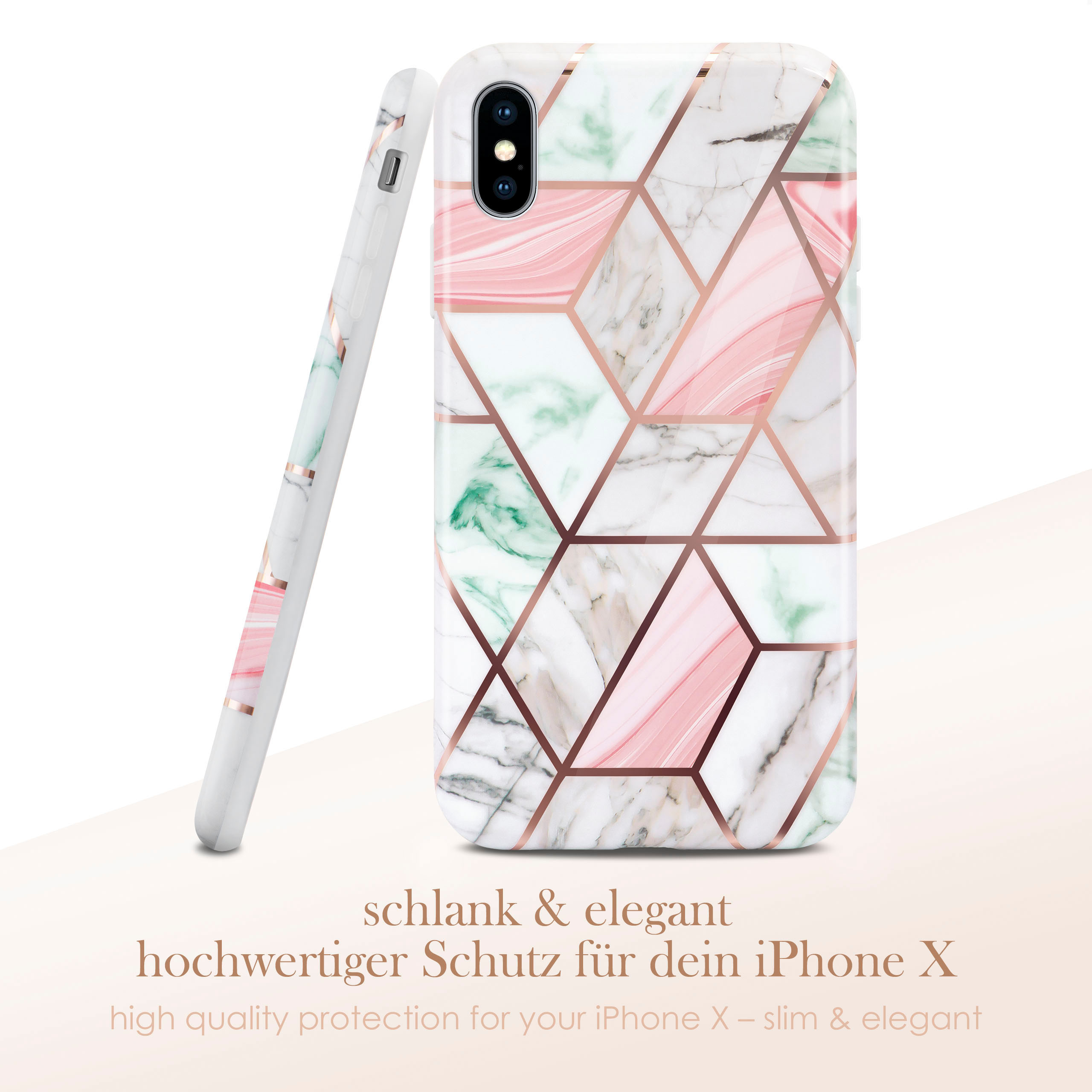 Handyhülle mit Marmordesign, mit deutschem Text: schlank & elegant, hochwertiger Schutz.