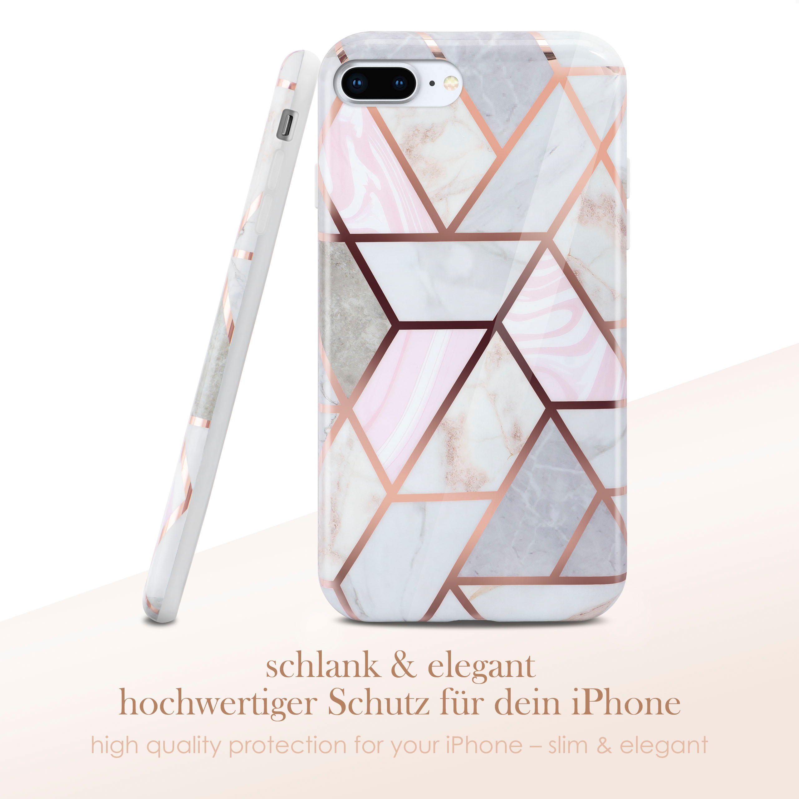 Zwei Handyhüllen, eine stehend und eine liegend. Marmordesign mit roségoldenen geometrischen Linien. Weißer Hintergrund.