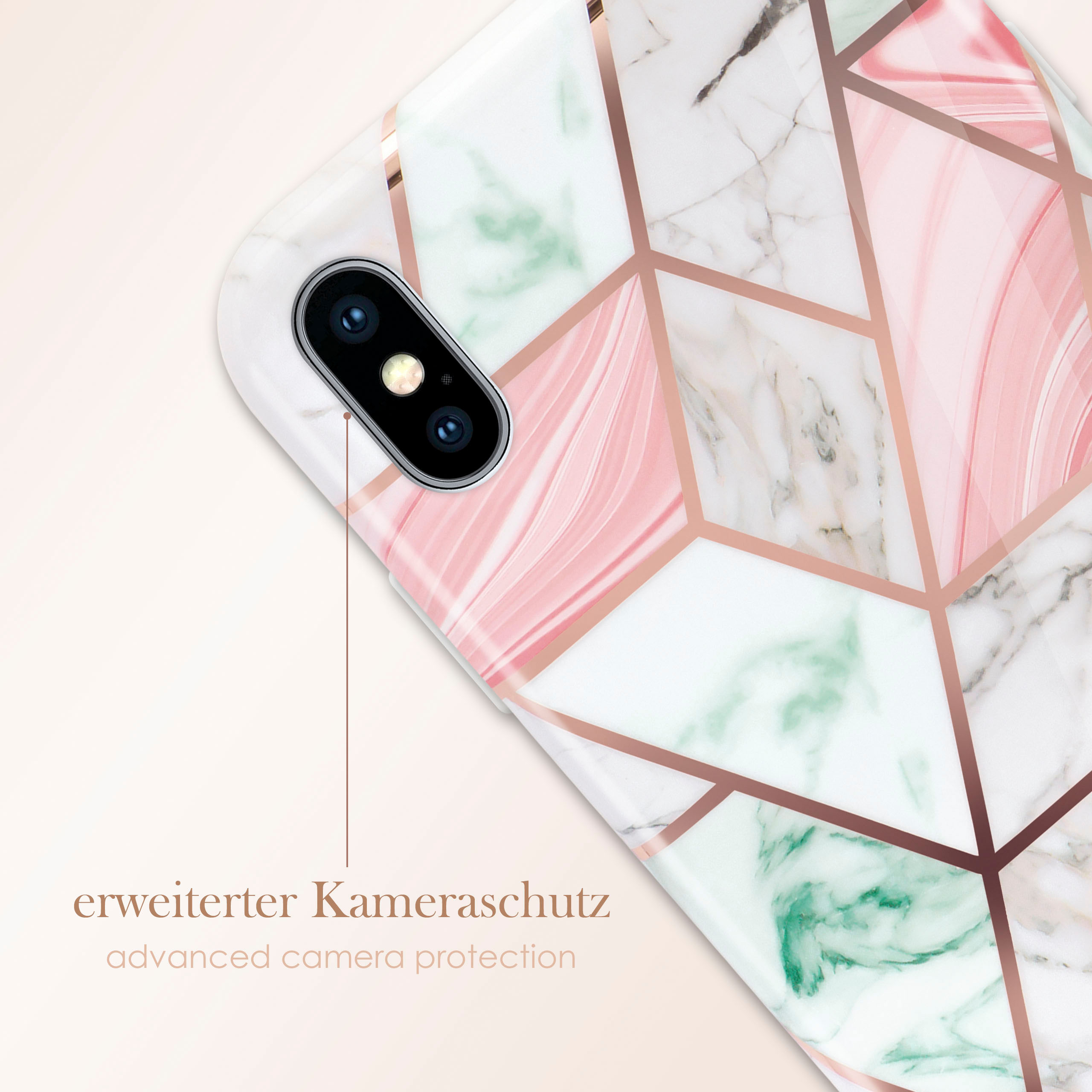 Nahaufnahme einer Handyhülle: Marmordesign mit rosa und grünen Akzenten und einer Kamera.