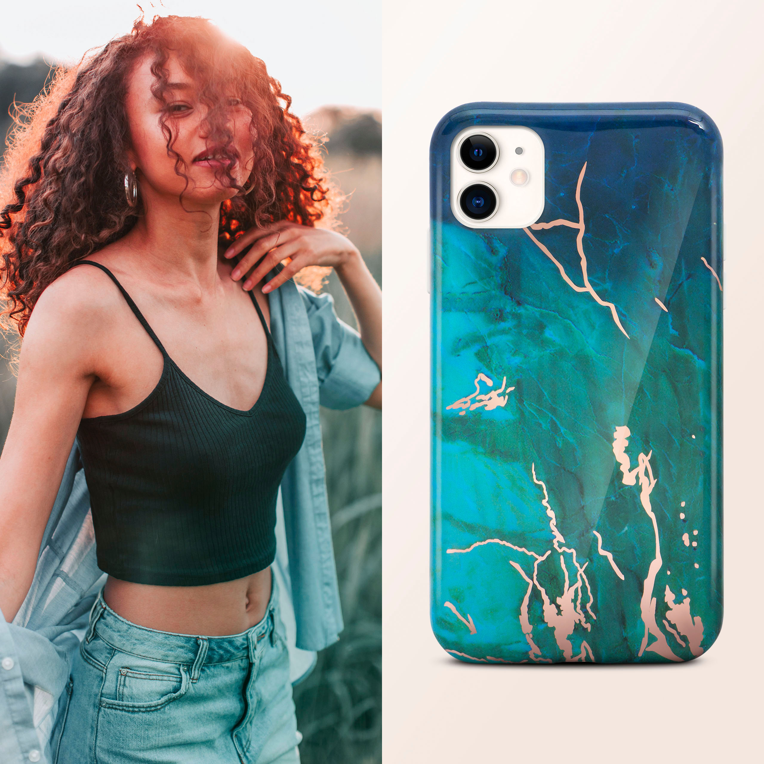 Frau und Handyhülle. Frau im Feld, Handyhülle mit blauem und goldenem Design auf weißem Hintergrund.